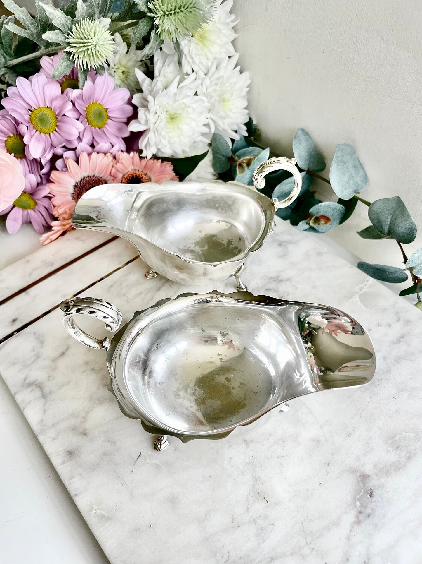Vintage three footed set of Cream Jugs Mid 20th Century Silver plated