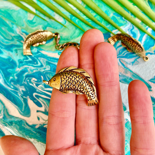 Creative Solid Brass Fish Keyring, Carp pendant, Fish on the hook Key Chain Pendant Craft Gift, Creative gift for fisherman