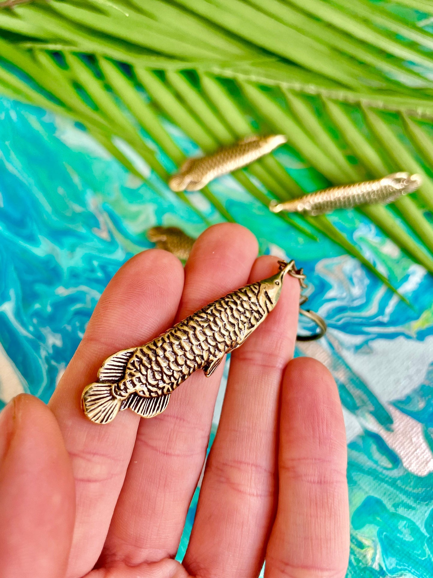 Creative Solid Brass Fish Keyring, Arowana pendant, Fish on the hook KeyChain Pendant Gift, Arapaima fish gift, Creative gift for fisherman