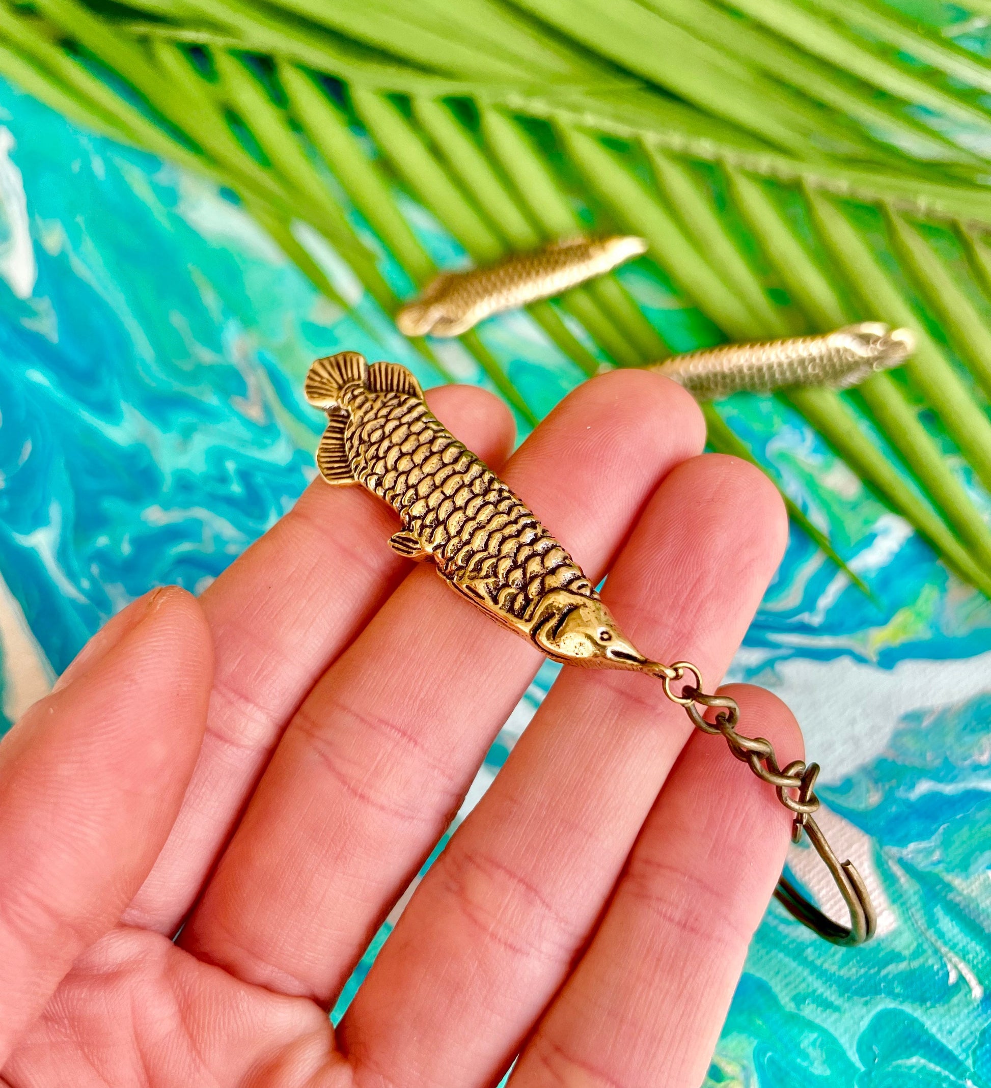 Creative Solid Brass Fish Keyring, Arowana pendant, Fish on the hook KeyChain Pendant Gift, Arapaima fish gift, Creative gift for fisherman