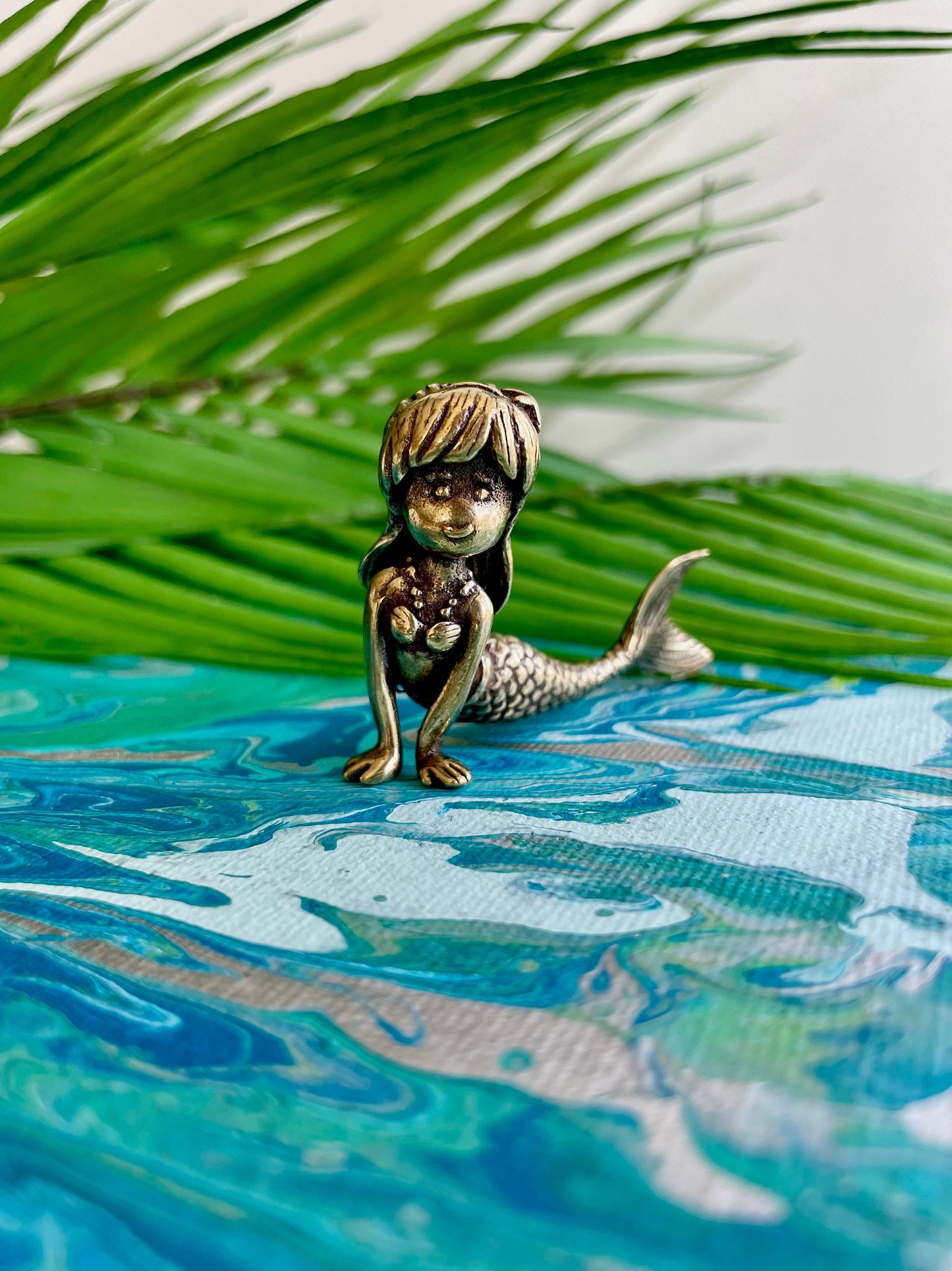 Smiling Seashell Mermaid Solid brass Fairy Garden Miniature Lovely Little Mermaid Figurine Desktop or Shelf Decor