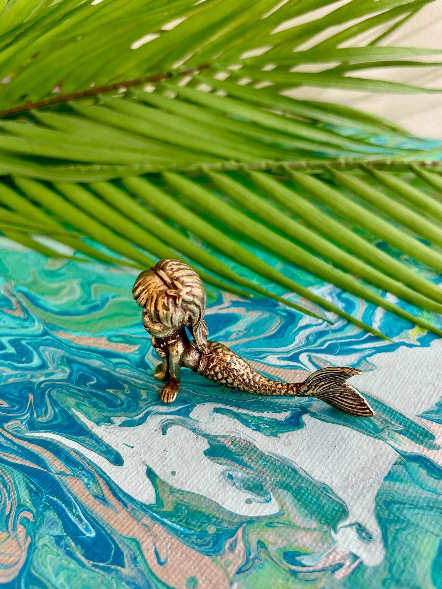 Smiling Seashell Mermaid Solid brass Fairy Garden Miniature Lovely Little Mermaid Figurine Desktop or Shelf Decor