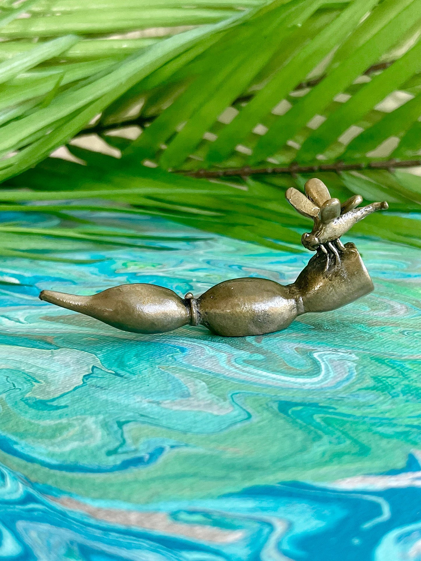 Metal Japanese style pen holder, Dragonfly on a lotus root fountain pen rest