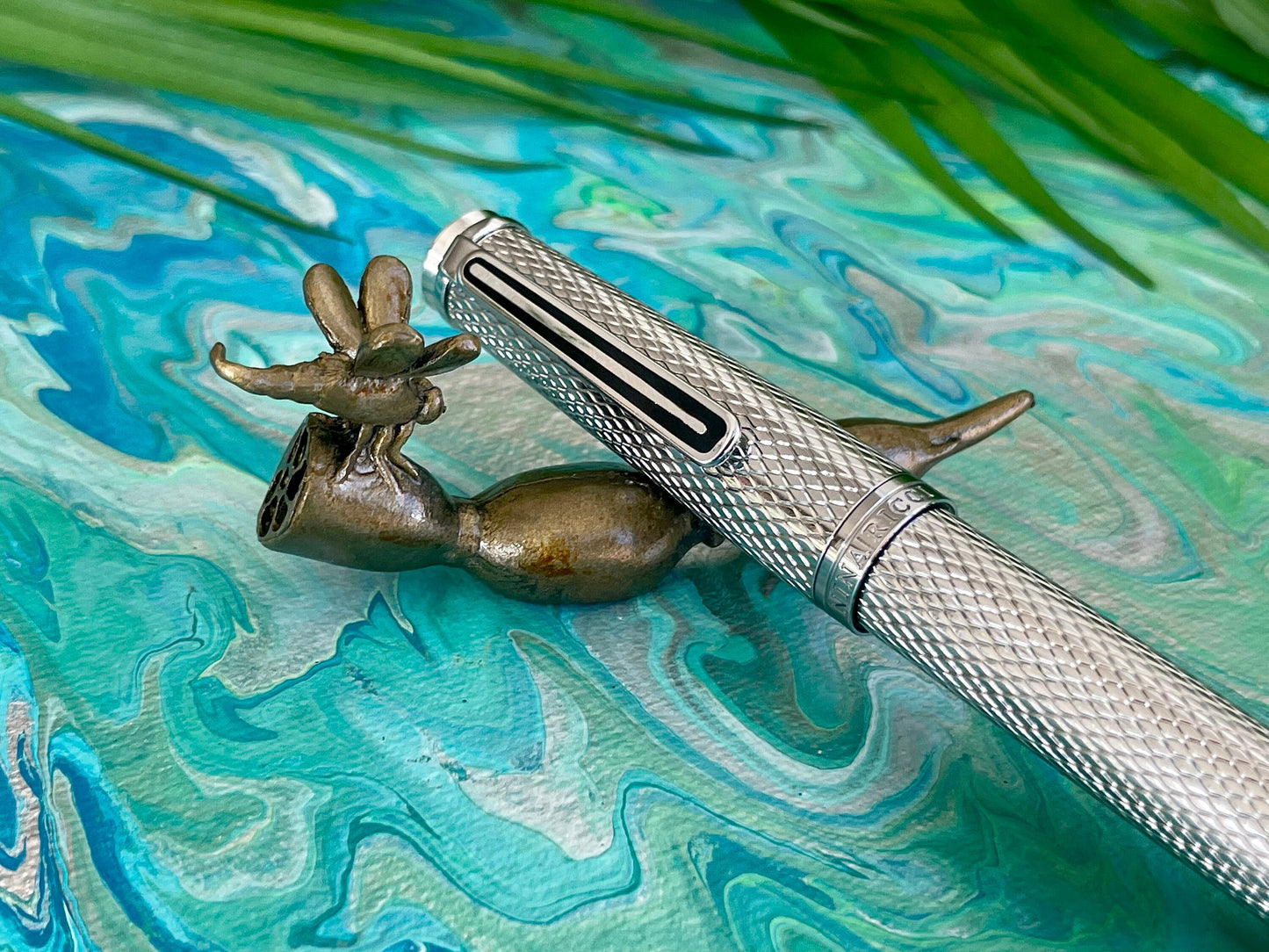 Metal Japanese style pen holder, Dragonfly on a lotus root fountain pen rest