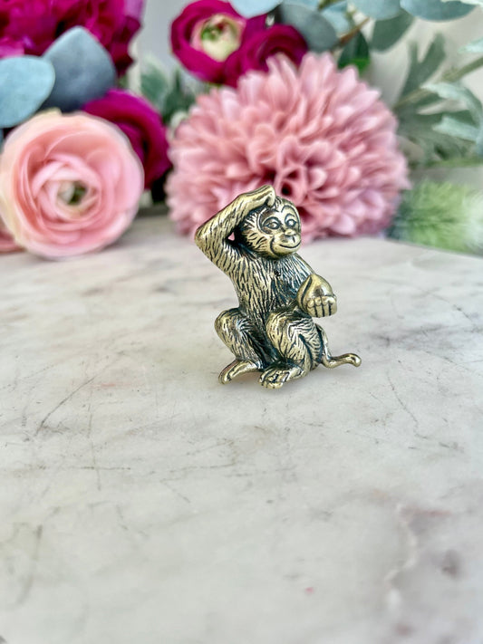 Cheeky Monkey with a peach, macaque figures, Metal Monkey Figurine, Tabletop decoration, monkey Cast Brass, Monkey Sitting Peach miniature