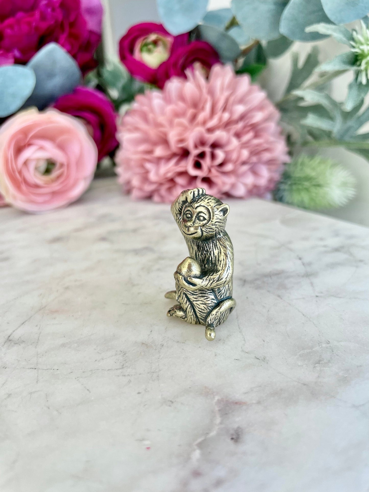 Cheeky Monkey with a peach, macaque figures, Metal Monkey Figurine, Tabletop decoration, monkey Cast Brass, Monkey Sitting Peach miniature