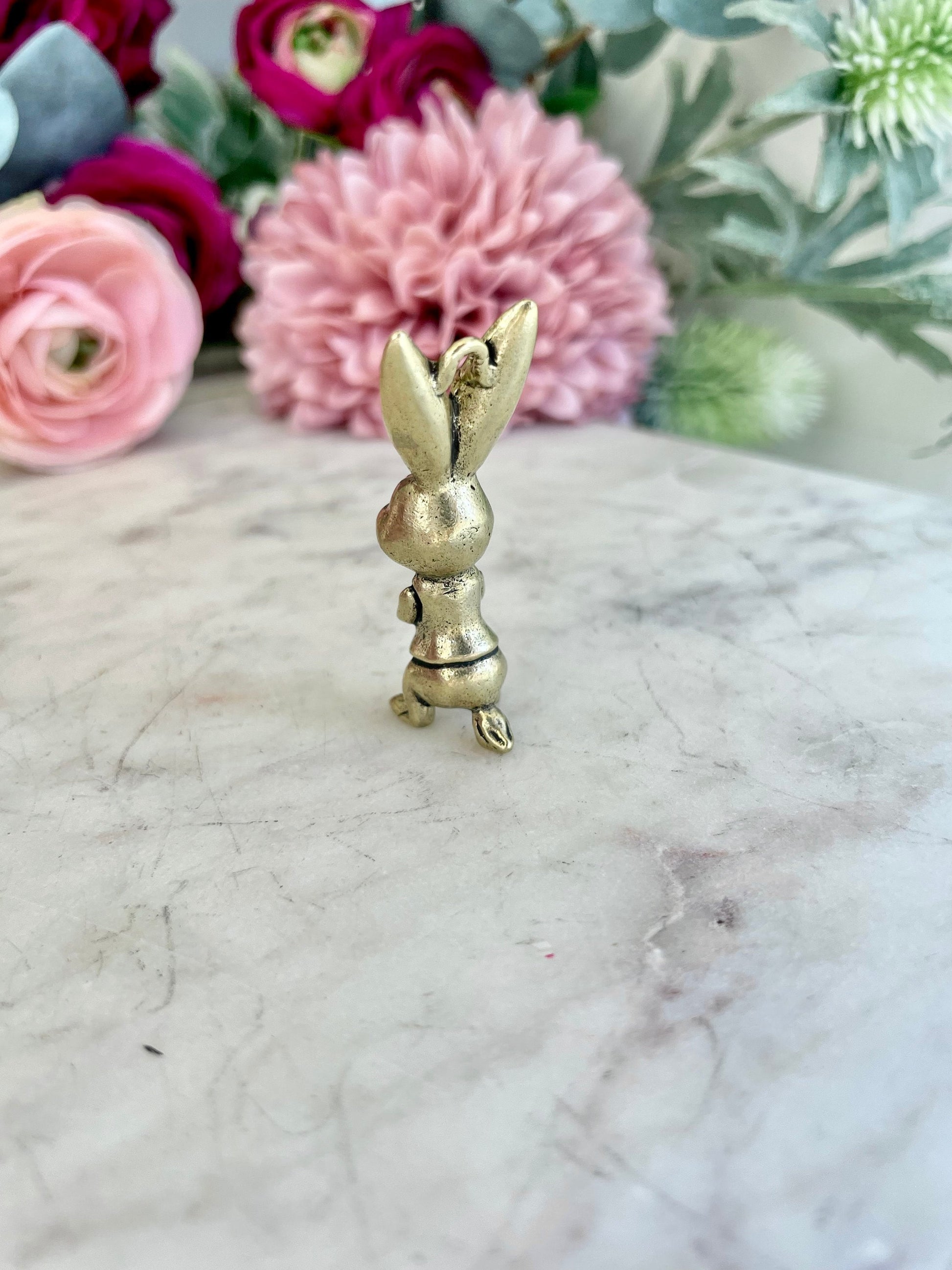 Solid brass bunny pendant, metal rabbit figurine, happy hare charm, bunny gentlemen ornament