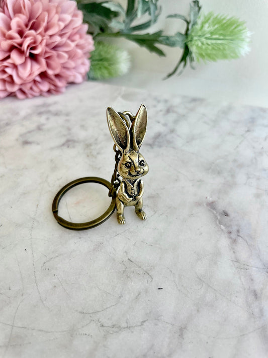 Solid brass bunny pendant, metal rabbit figurine, happy hare charm, bunny gentlemen ornament