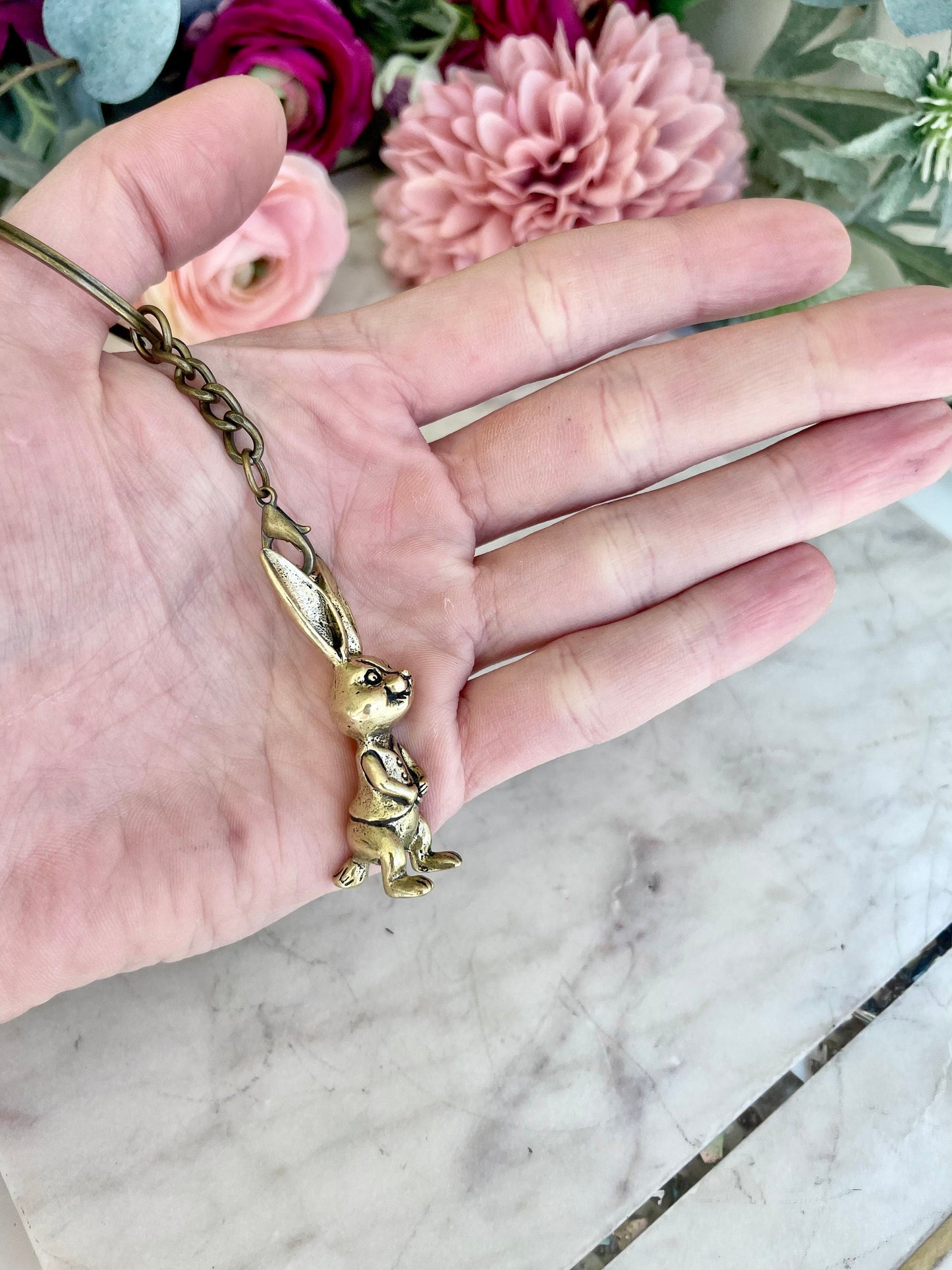 Solid brass bunny pendant, metal rabbit figurine, happy hare charm, bunny gentlemen ornament
