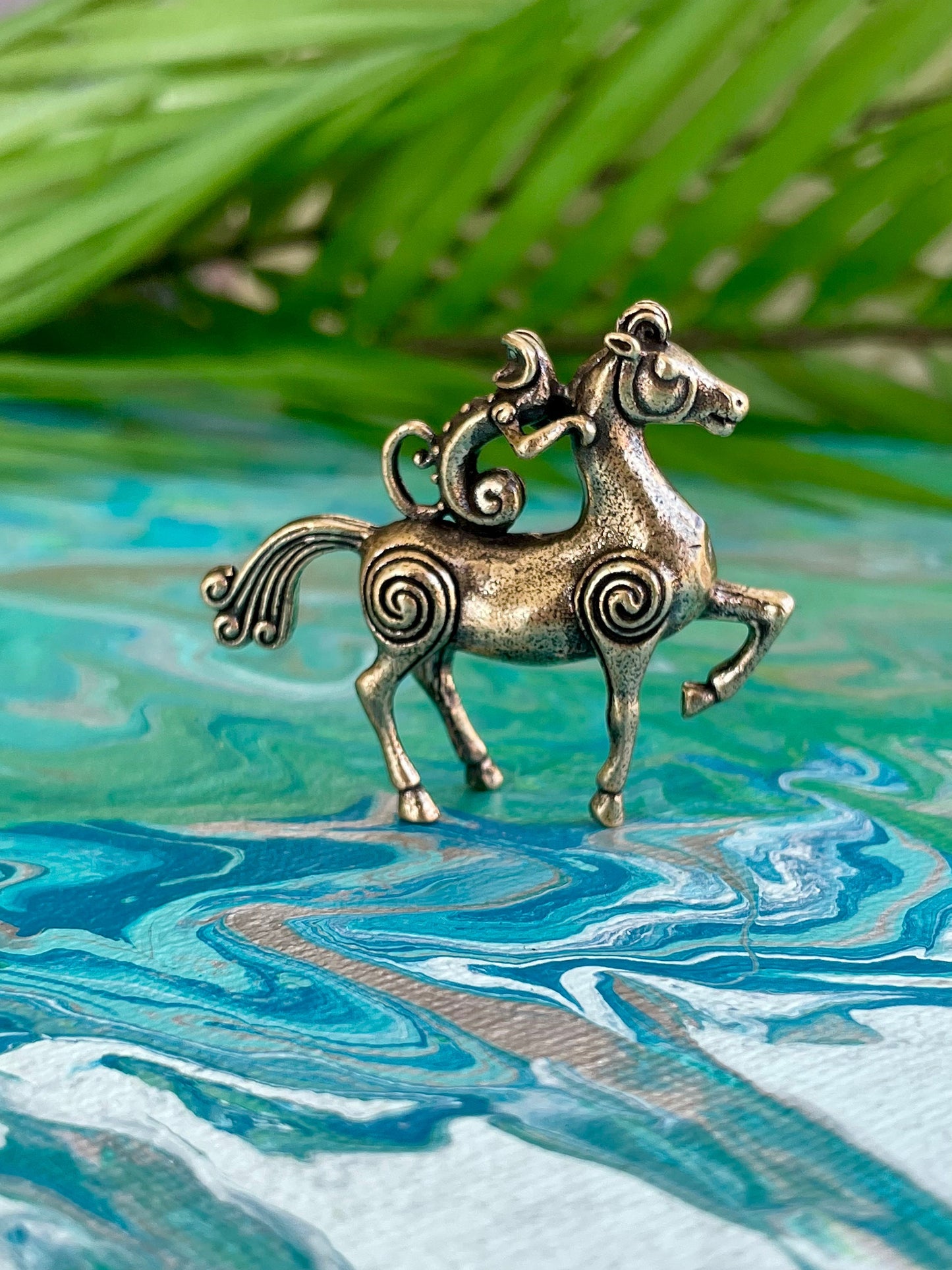 Special Solid Brass Monkey Riding a Horse Figurine, Beautiful keychain, Unique horse pendant