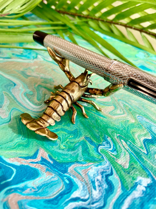 Mighty Lobster, lifelike solid brass sculpture, Pen rest, Brush holder, Paperweight, Desktop ornament, Gift for boss, Creative gift