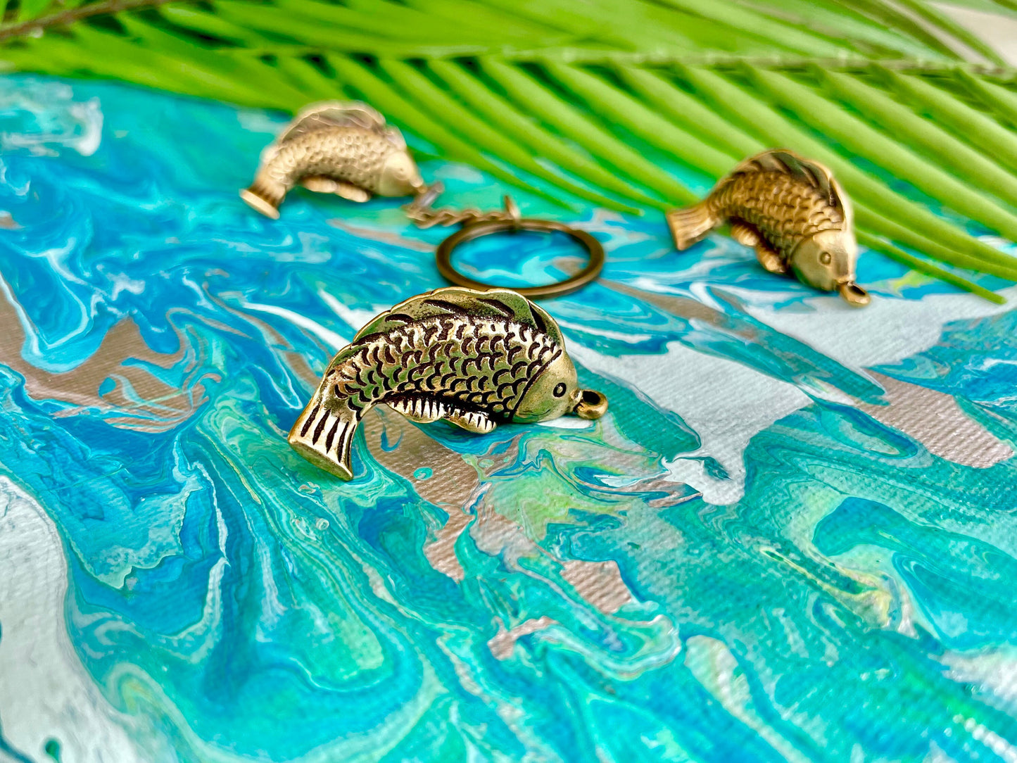 Creative Solid Brass Fish Keyring, Carp pendant, Fish on the hook Key Chain Pendant Craft Gift, Creative gift for fisherman
