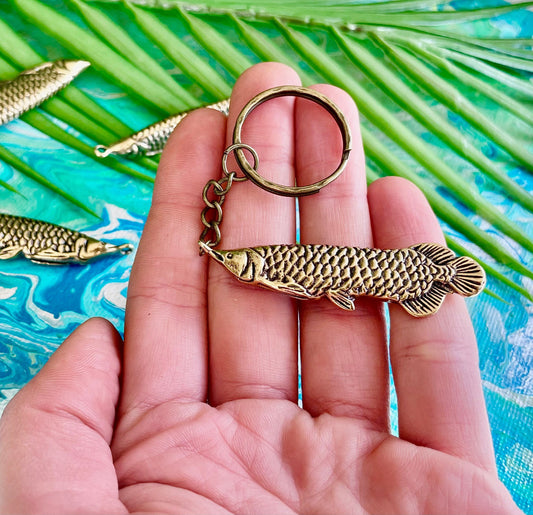 Creative Solid Brass Fish Keyring, Arowana pendant, Fish on the hook KeyChain Pendant Gift, Arapaima fish gift, Creative gift for fisherman