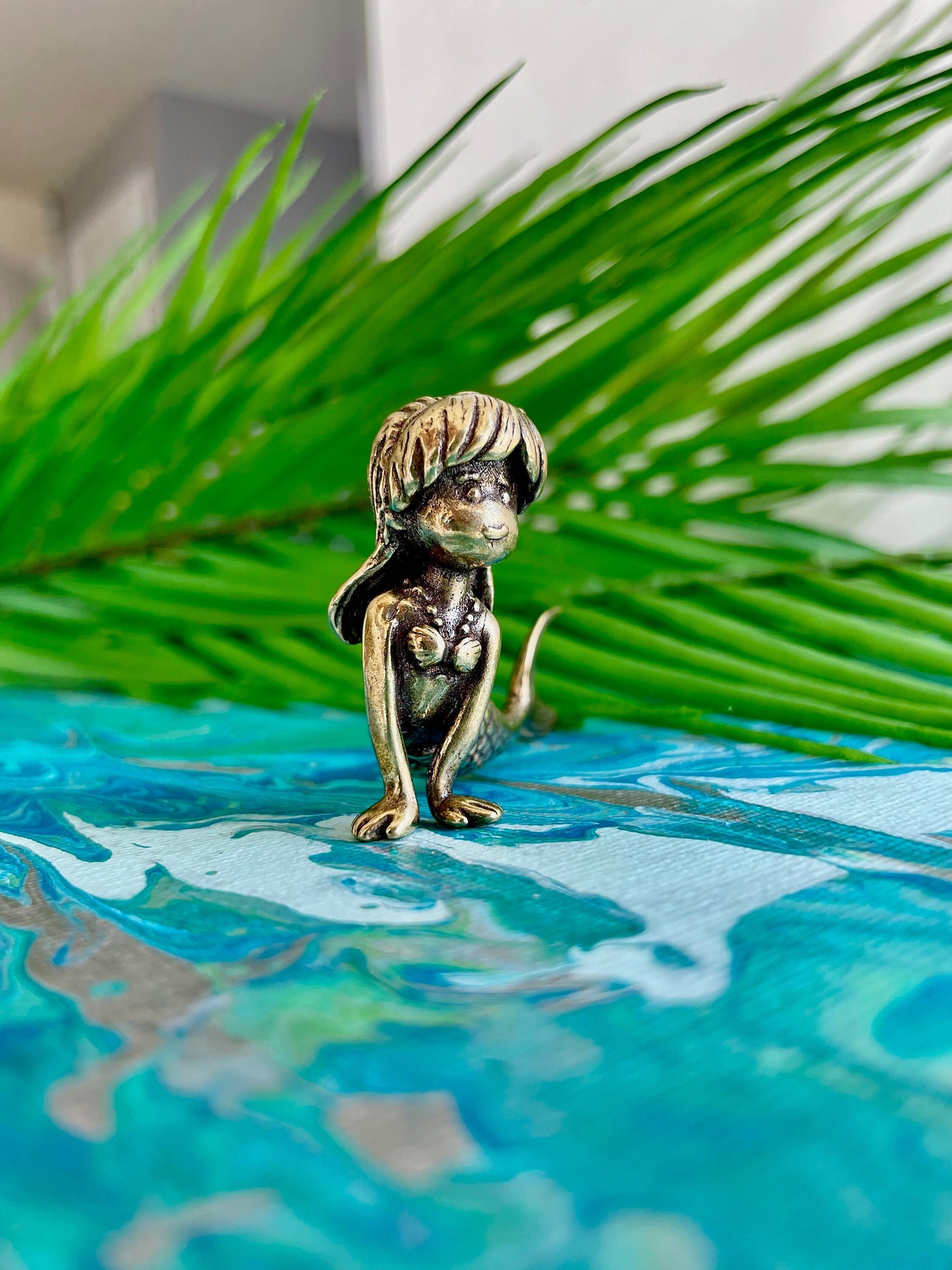Smiling Seashell Mermaid Solid brass Fairy Garden Miniature Lovely Little Mermaid Figurine Desktop or Shelf Decor