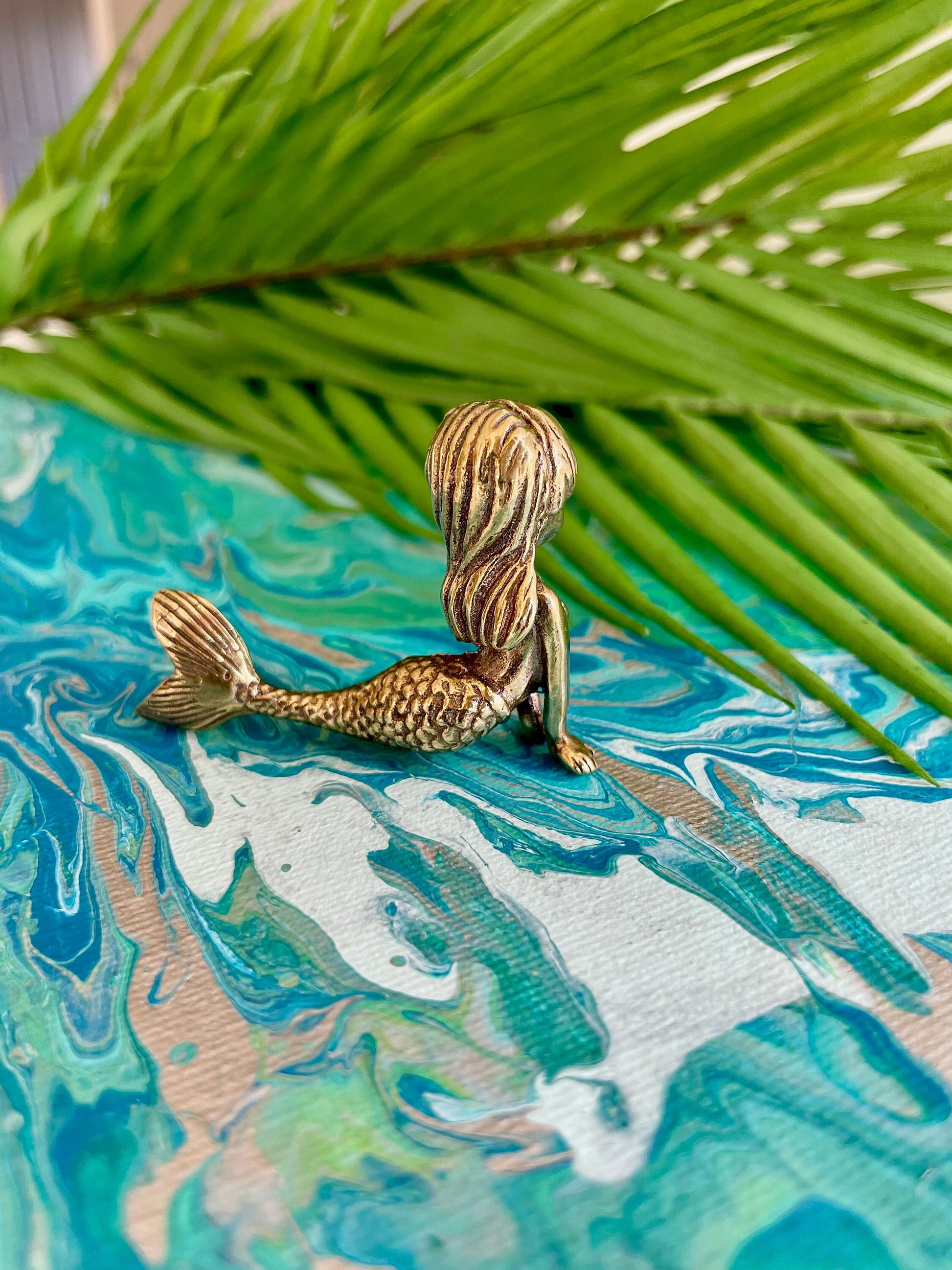 Smiling Seashell Mermaid Solid brass Fairy Garden Miniature Lovely Little Mermaid Figurine Desktop or Shelf Decor