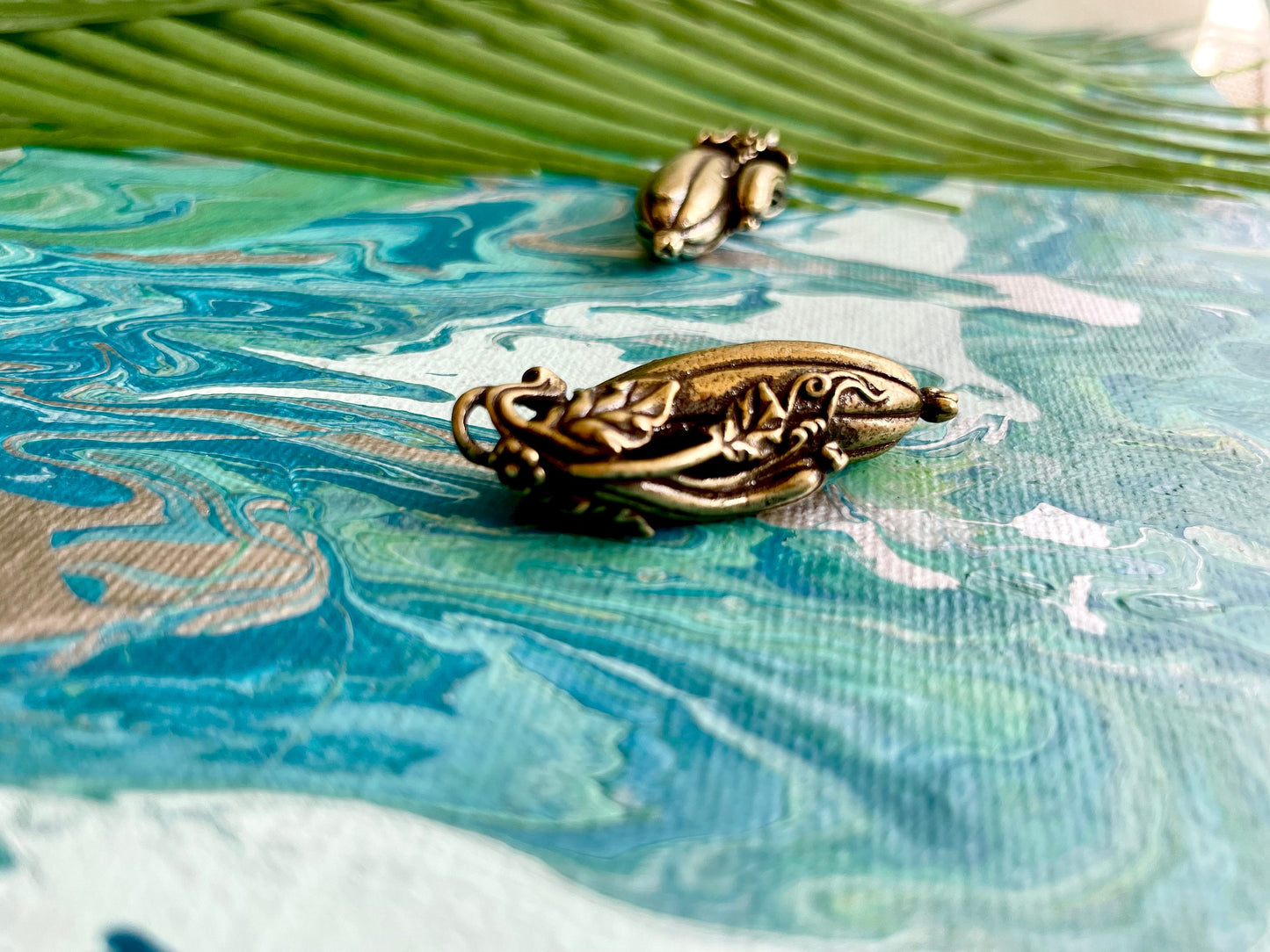 Solid brass blossoming courgette pendant, vegetarian sign cucumber figurine, vegetable keyring, eggplant flower charm