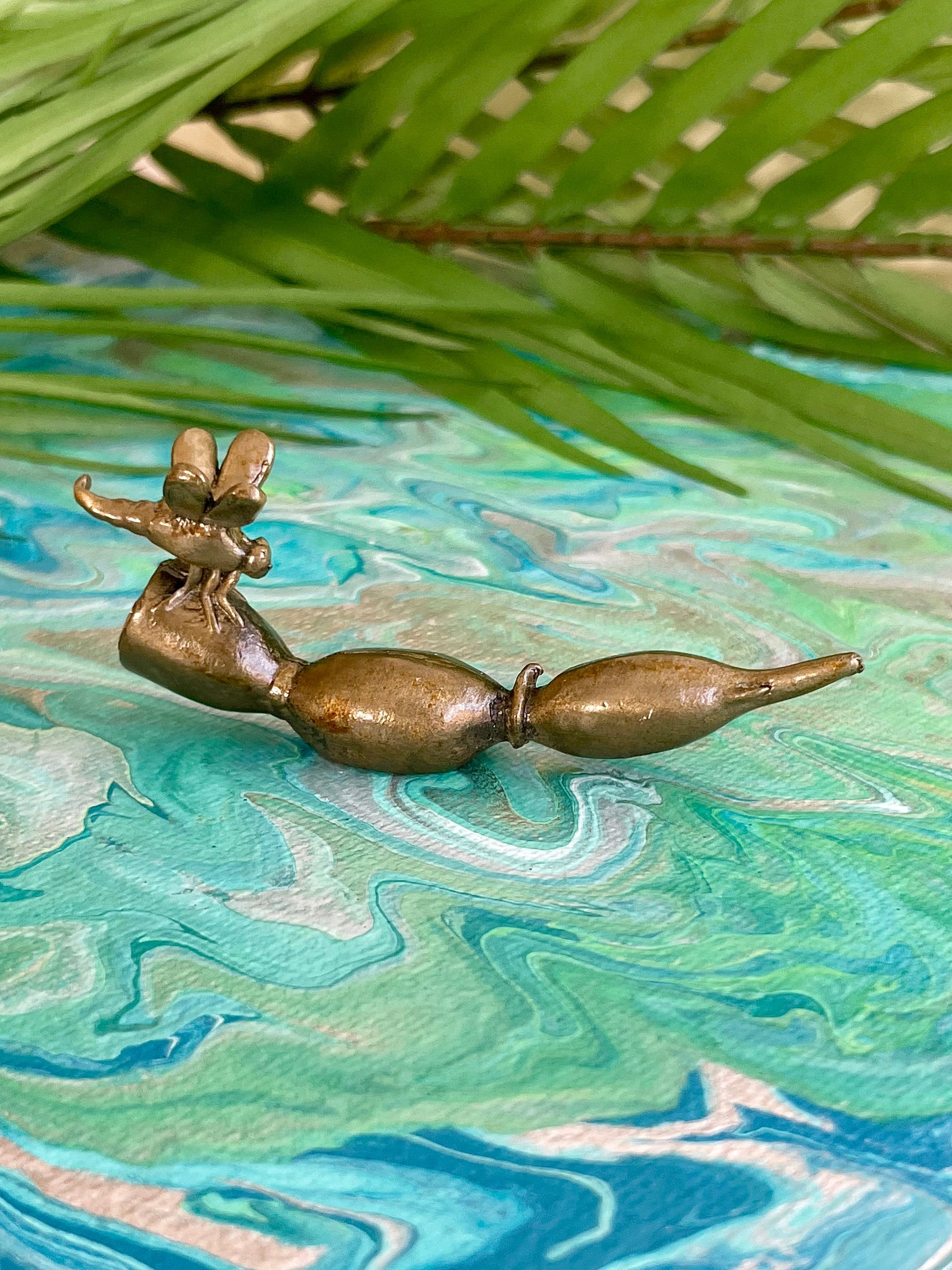 Metal Japanese style pen holder, Dragonfly on a lotus root fountain pen rest