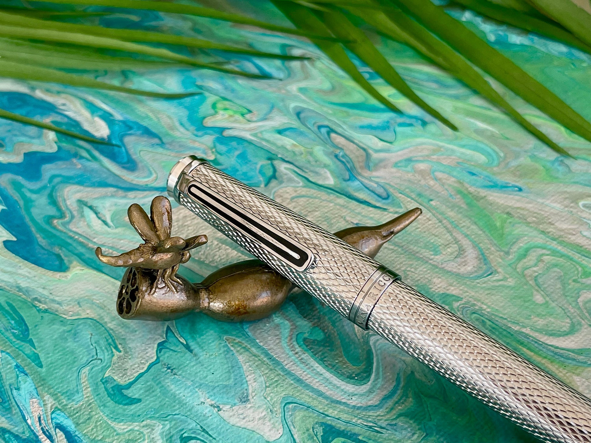 Metal Japanese style pen holder, Dragonfly on a lotus root fountain pen rest