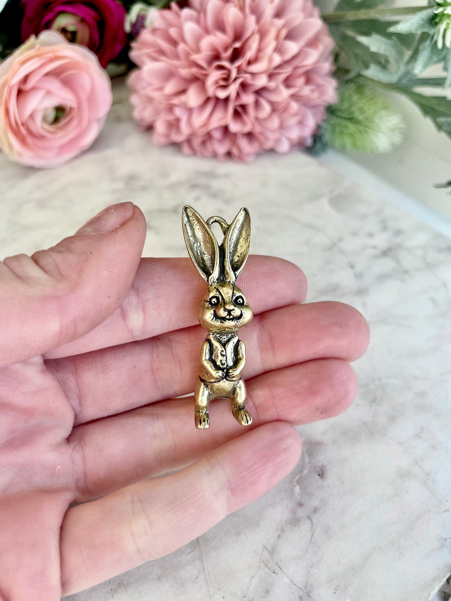 Solid brass bunny pendant, metal rabbit figurine, happy hare charm, bunny gentlemen ornament