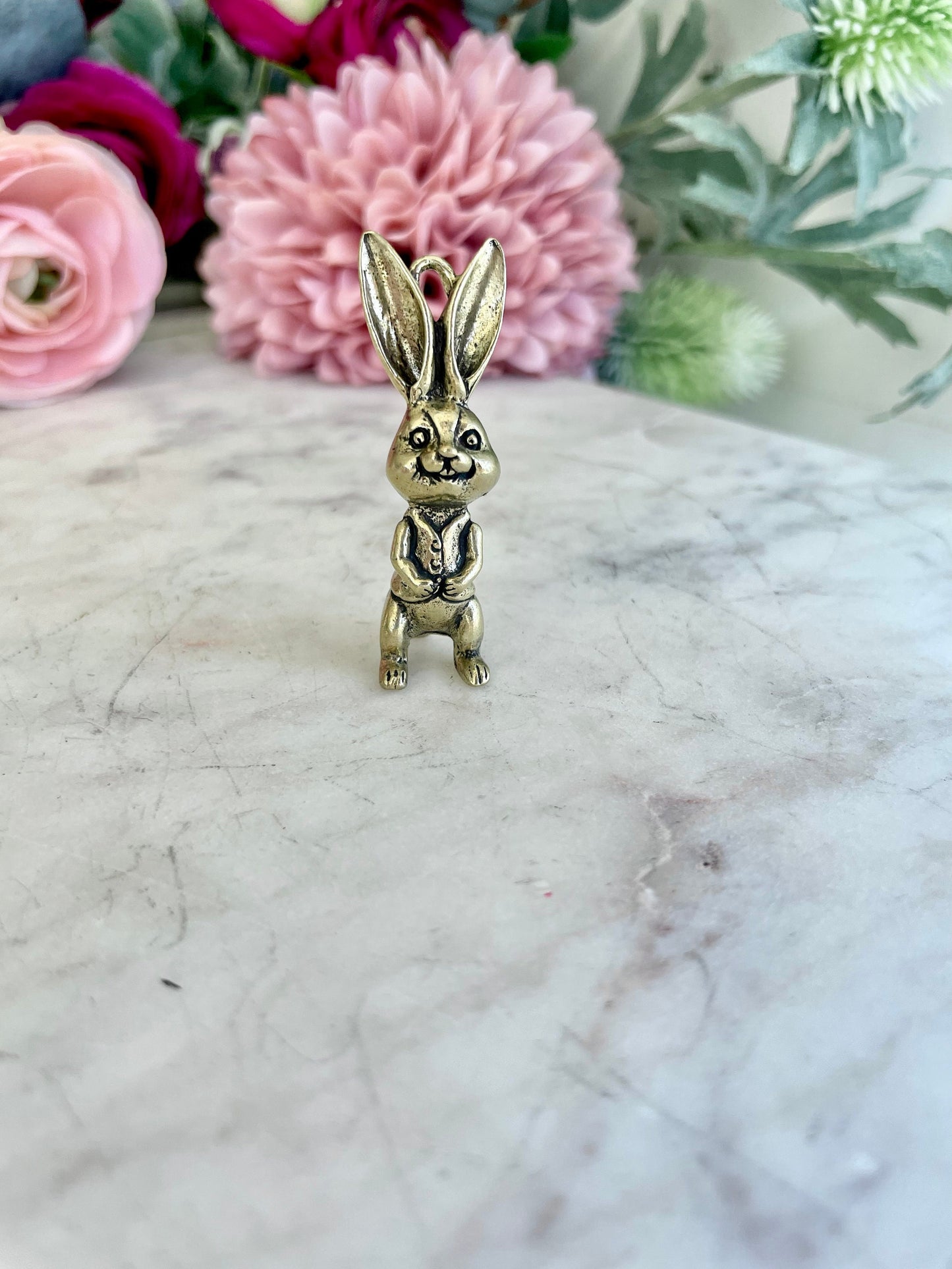 Solid brass bunny pendant, metal rabbit figurine, happy hare charm, bunny gentlemen ornament