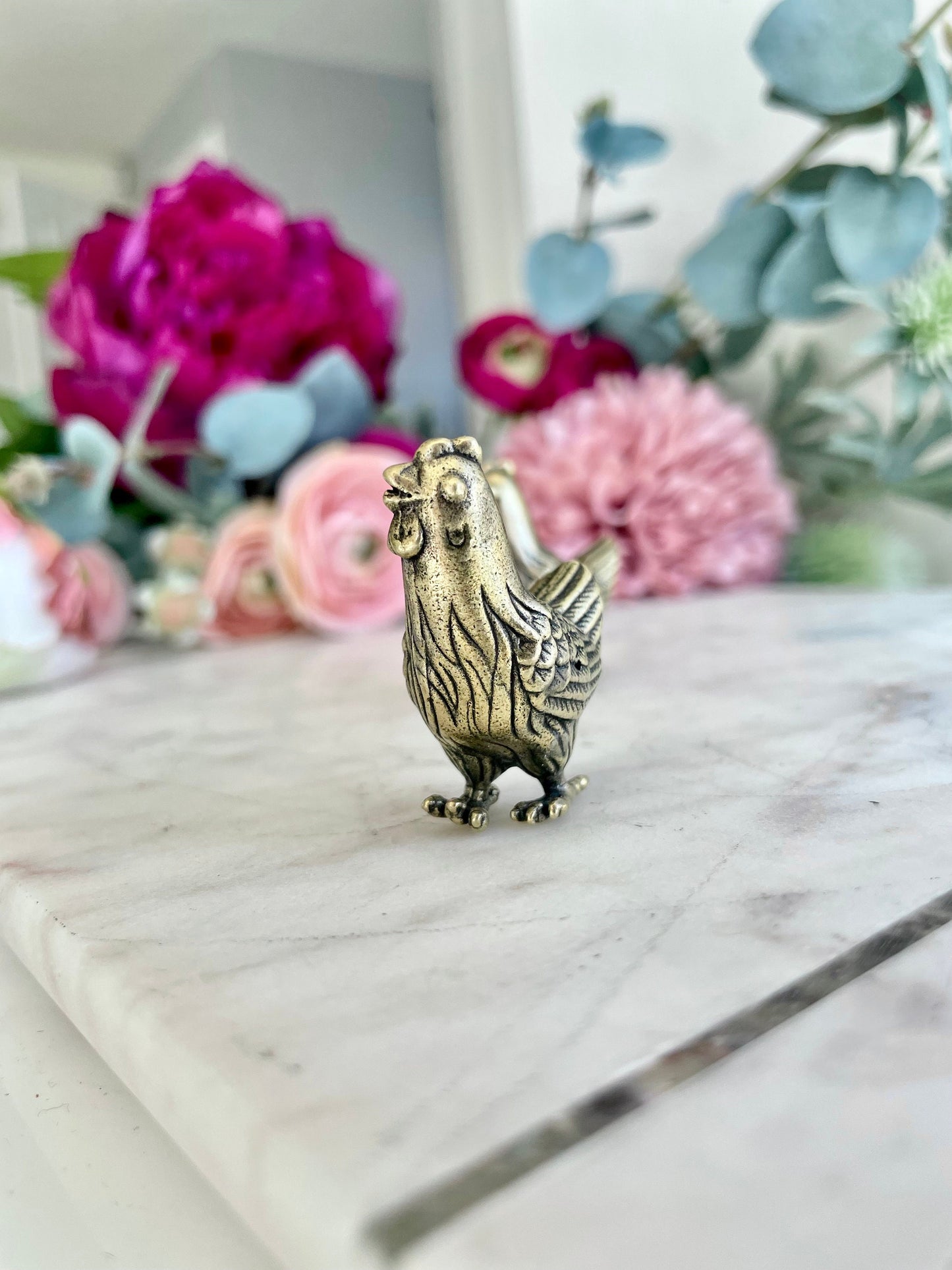 Solid brass cute little hen figurine, metal chicken statuette, farmhouse animal ornament, chic Knick Knack, gift for framer