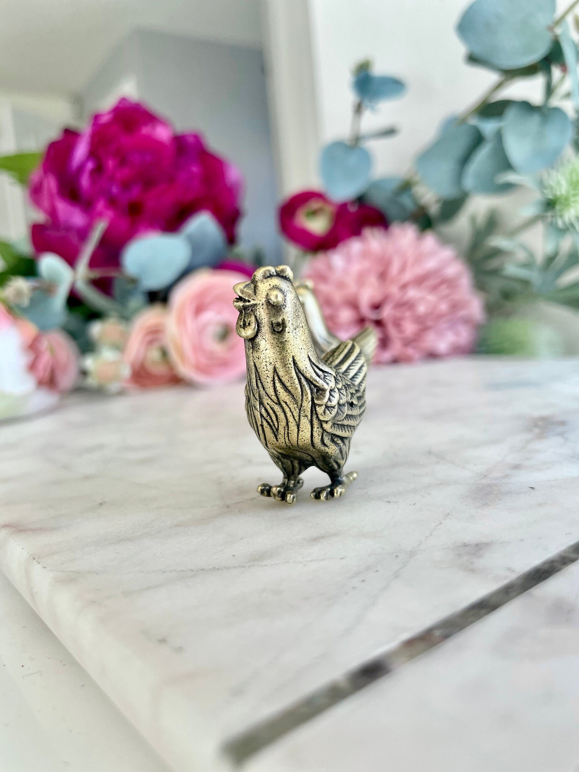 Solid brass cute little hen figurine, metal chicken statuette, farmhouse animal ornament, chic Knick Knack, gift for framer