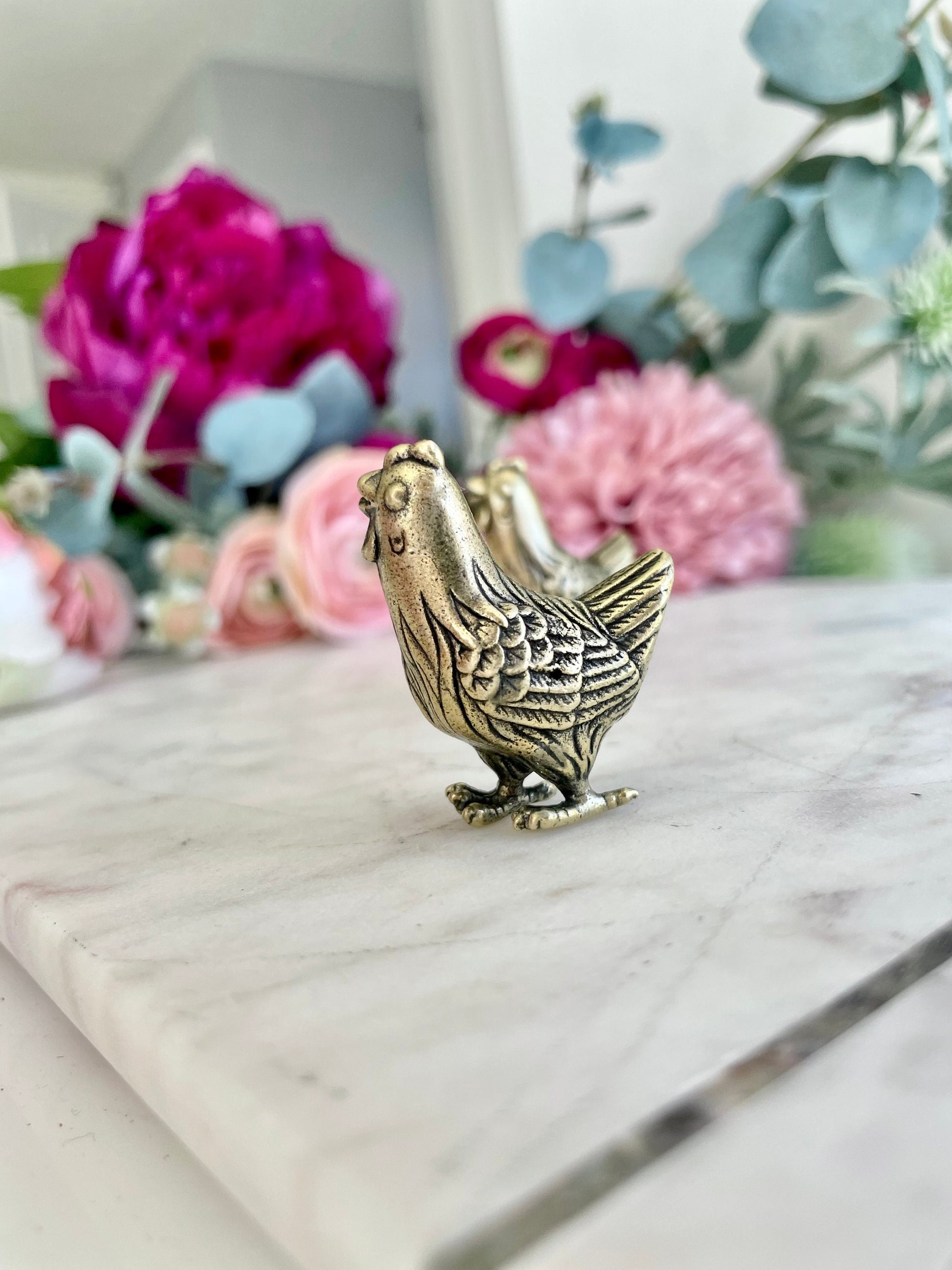 Solid brass cute little hen figurine, metal chicken statuette, farmhouse animal ornament, chic Knick Knack, gift for framer