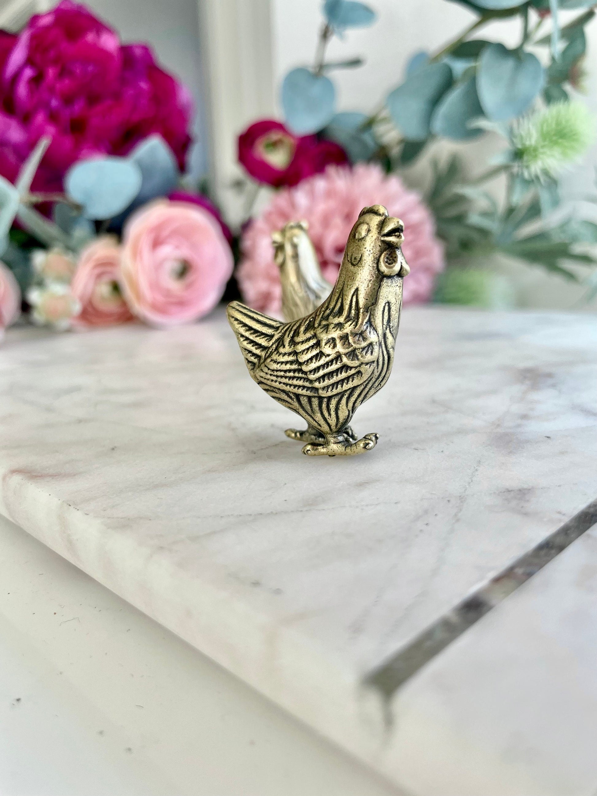 Solid brass cute little hen figurine, metal chicken statuette, farmhouse animal ornament, chic Knick Knack, gift for framer