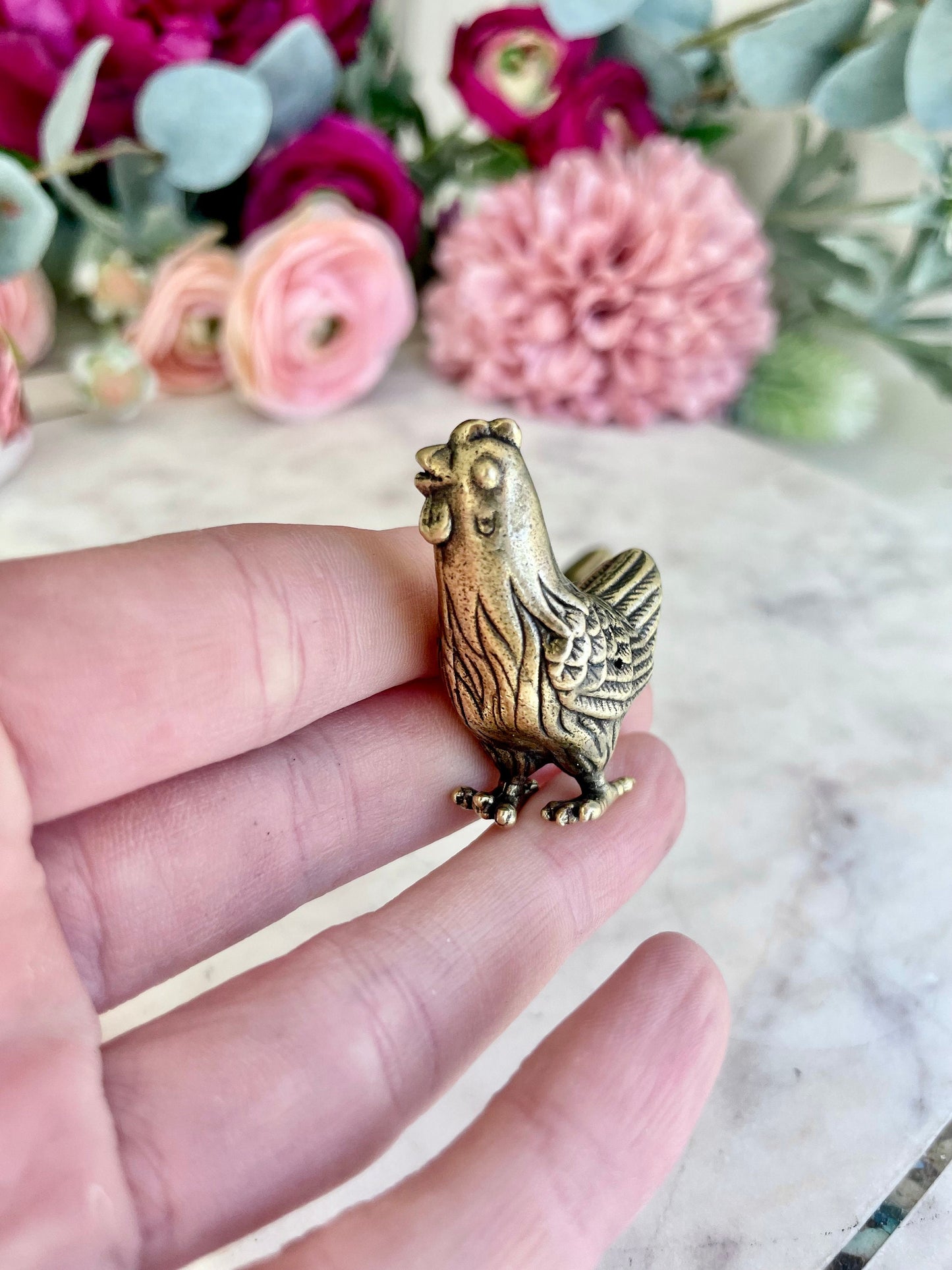 Solid brass cute little hen figurine, metal chicken statuette, farmhouse animal ornament, chic Knick Knack, gift for framer