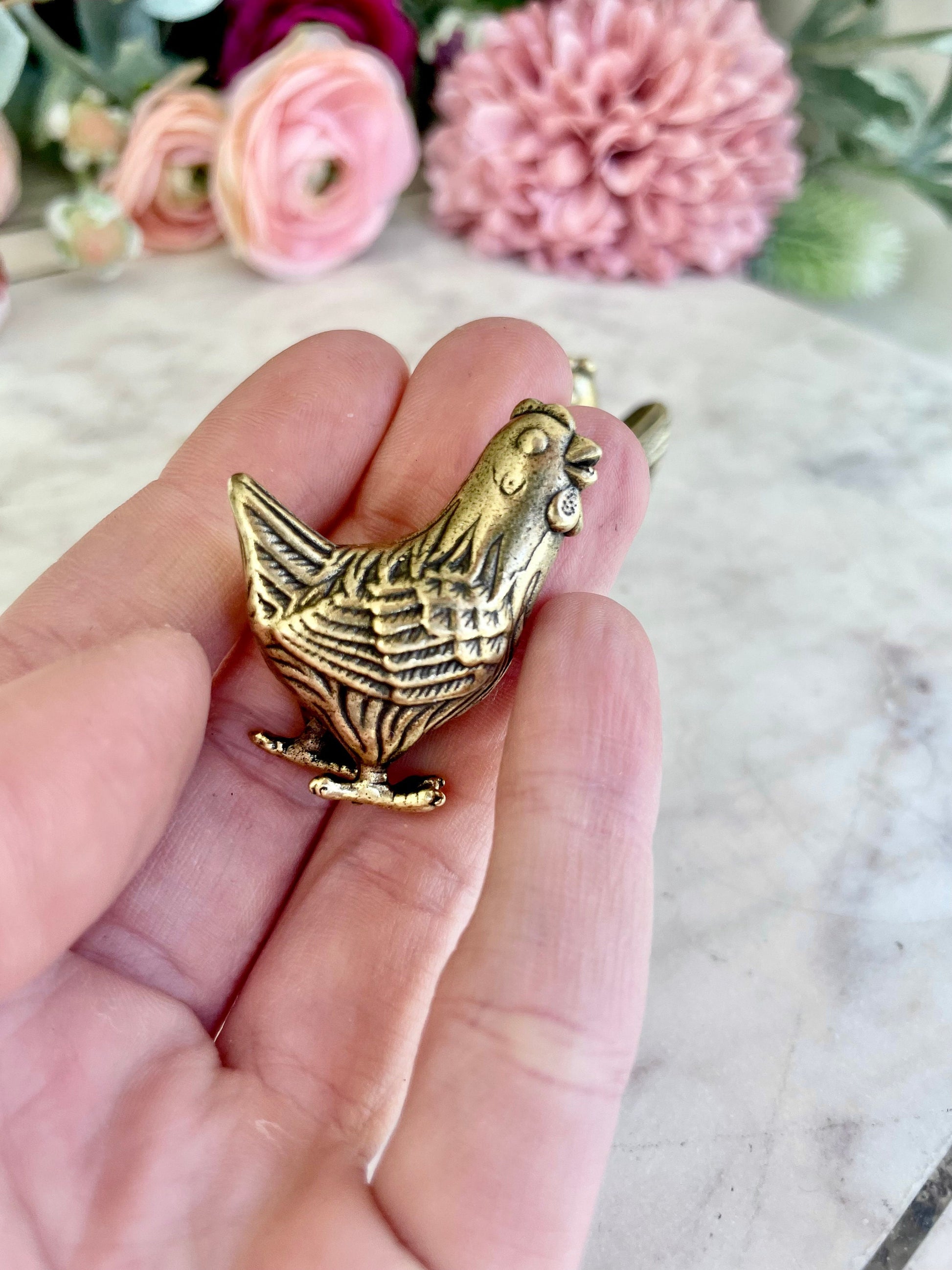 Solid brass cute little hen figurine, metal chicken statuette, farmhouse animal ornament, chic Knick Knack, gift for framer