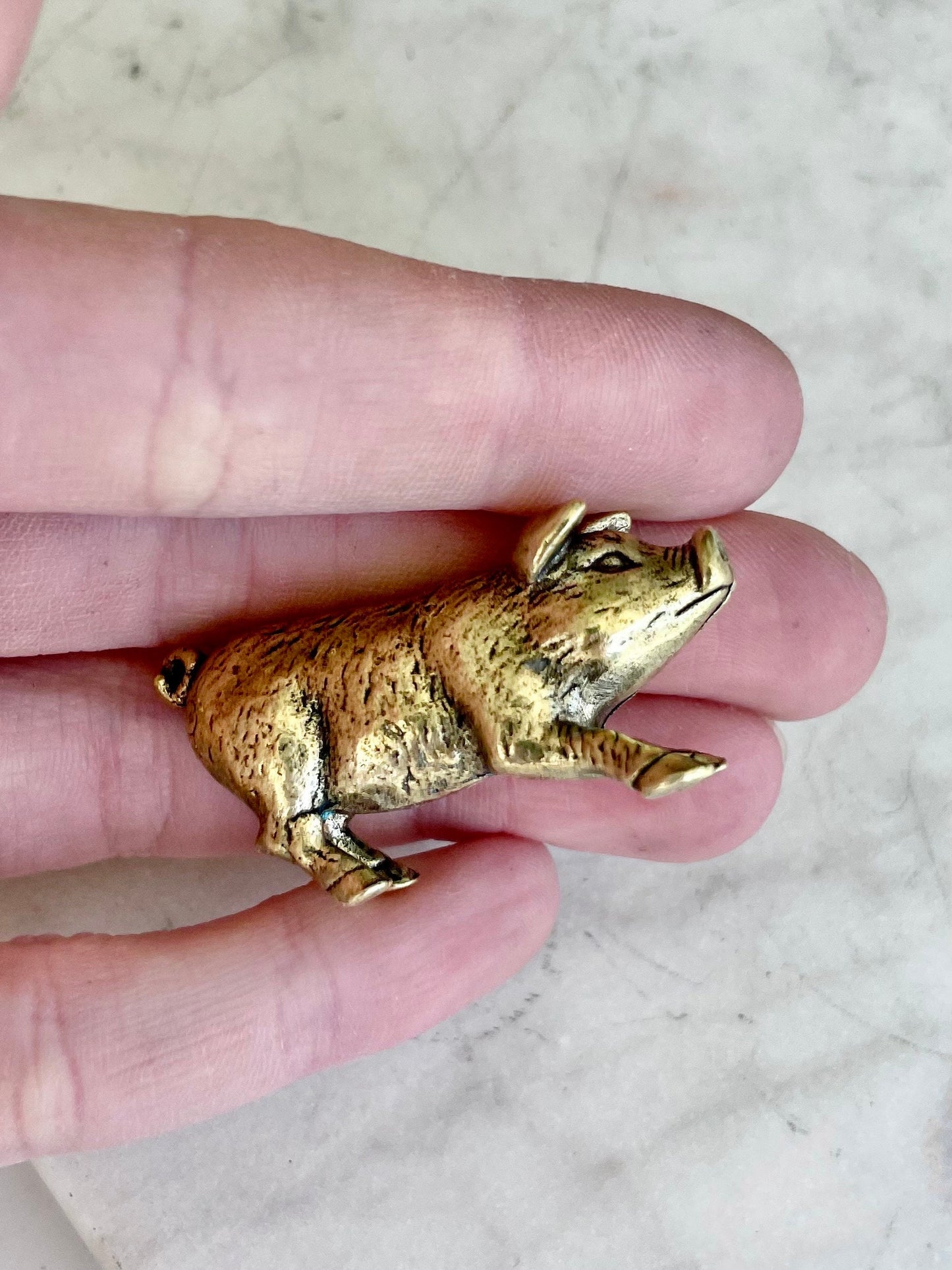 Happy little piglet fine solid brass miniature, lost wax casting, pig figurine, cute little animal sculpture