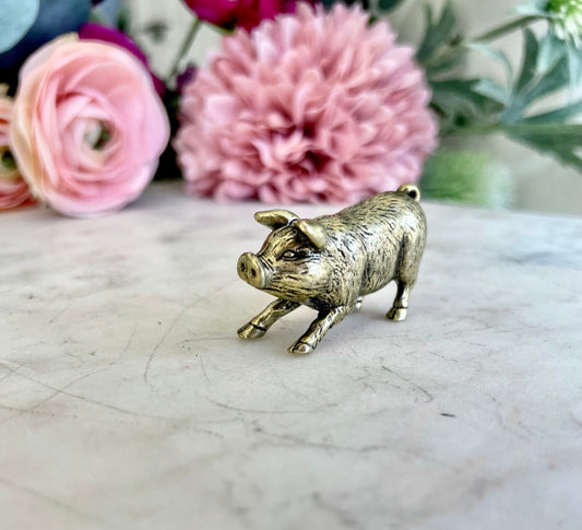 Happy little piglet fine solid brass miniature, lost wax casting, pig figurine, cute little animal sculpture