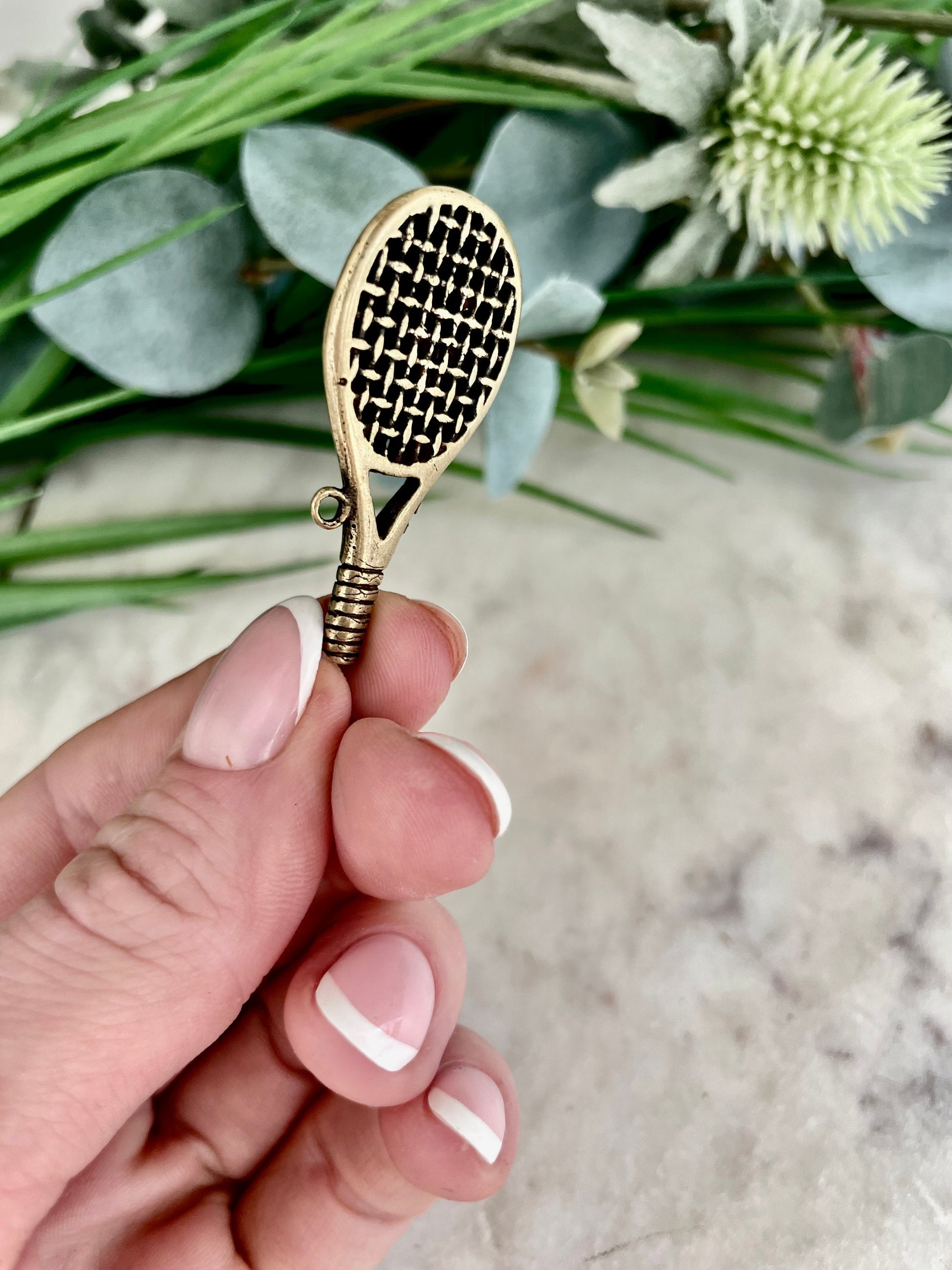 Solid brass Tennis Racquet Charm, little gift for tennis players, mini golden tennis racket keychain