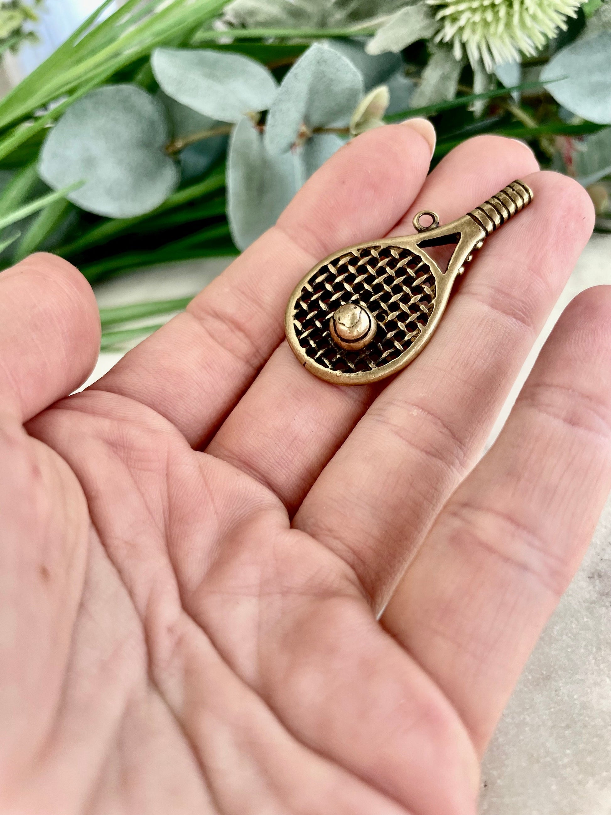 Solid brass Tennis Racquet Charm, little gift for tennis players, mini golden tennis racket keychain