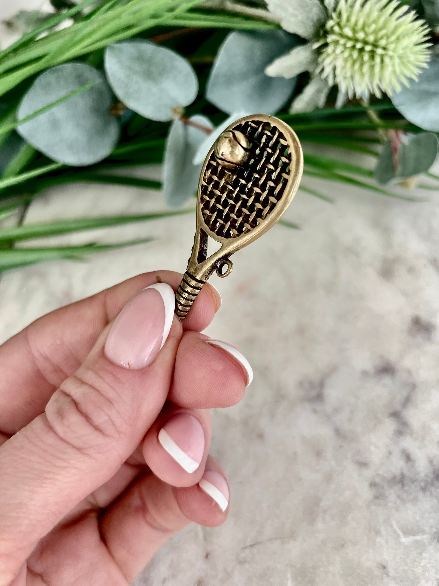 Solid brass Tennis Racquet Charm, little gift for tennis players, mini golden tennis racket keychain