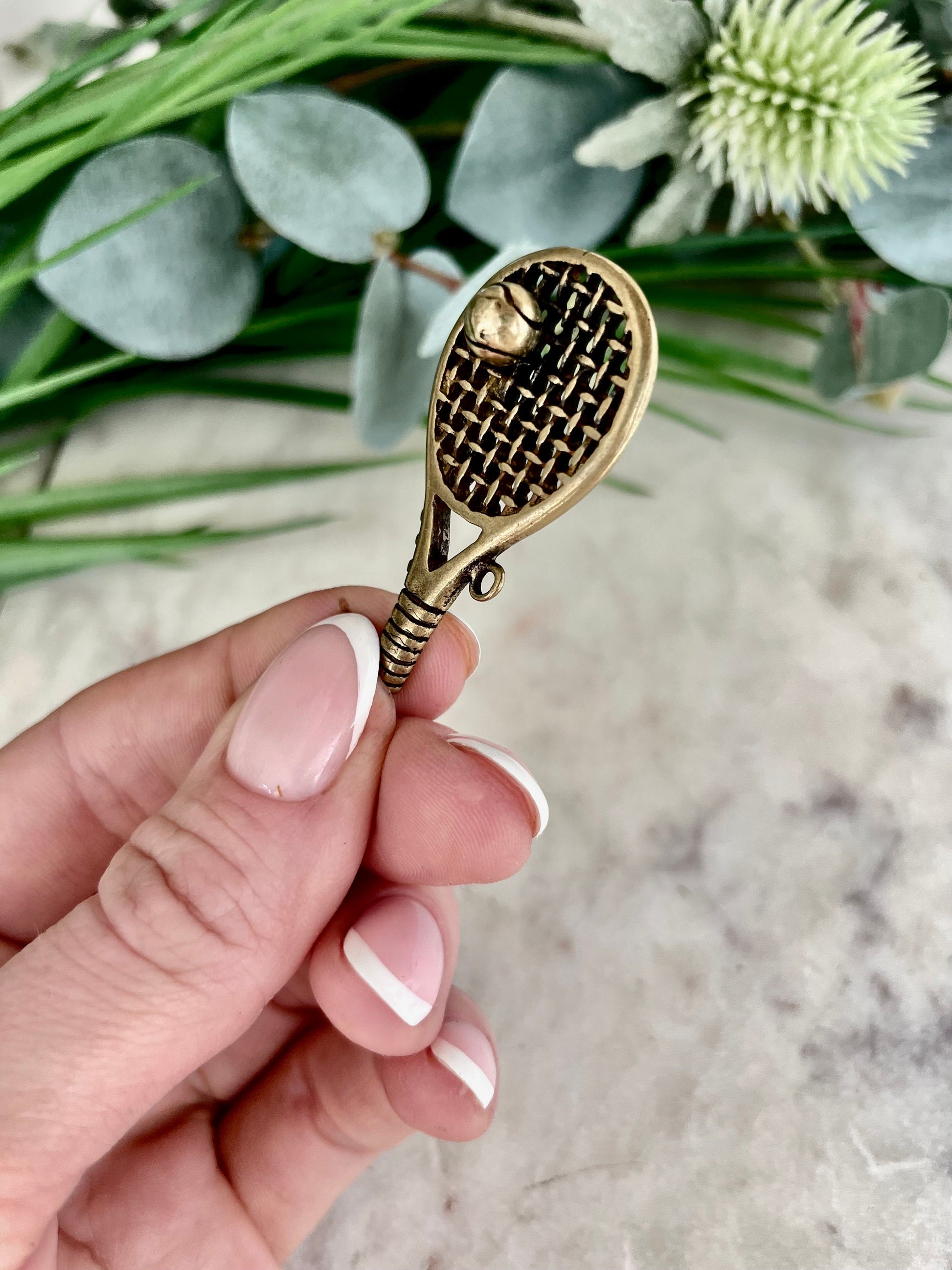 Solid brass Tennis Racquet Charm, little gift for tennis players, mini golden tennis racket keychain
