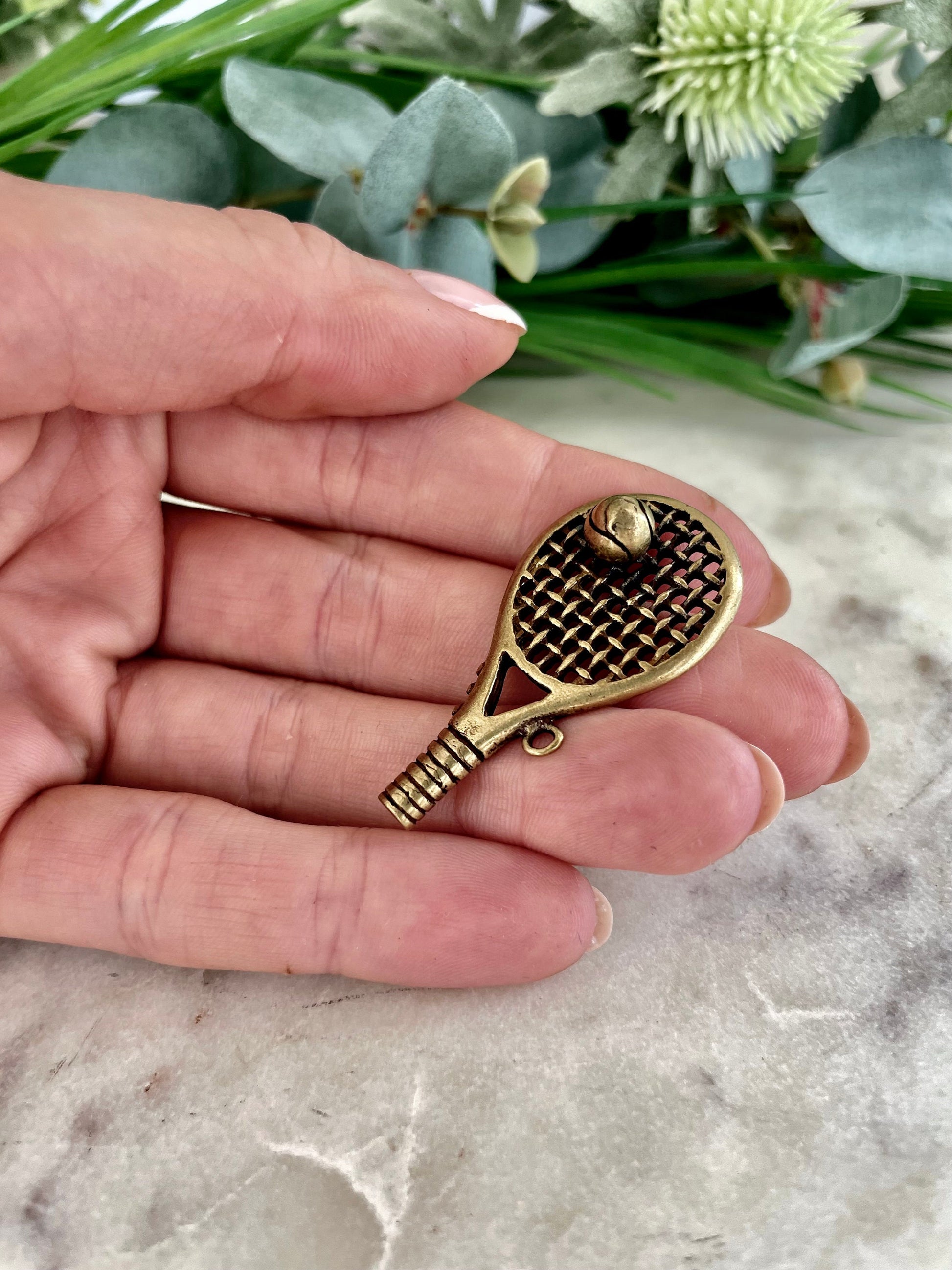 Solid brass Tennis Racquet Charm, little gift for tennis players, mini golden tennis racket keychain