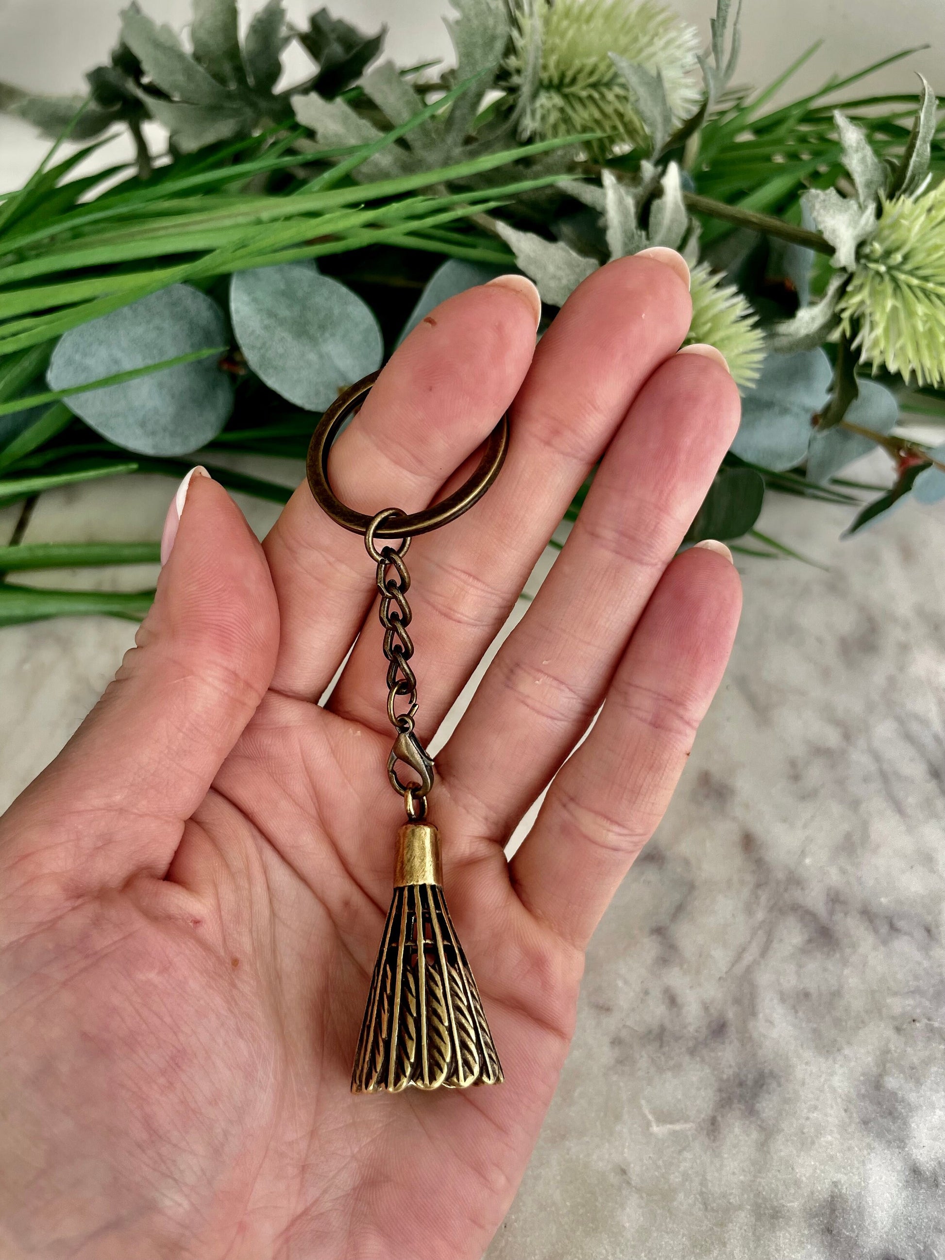Solid brass Badminton Shuttlecocks Charm, little gift for badminton players, mini golden Shuttlecocks keychain