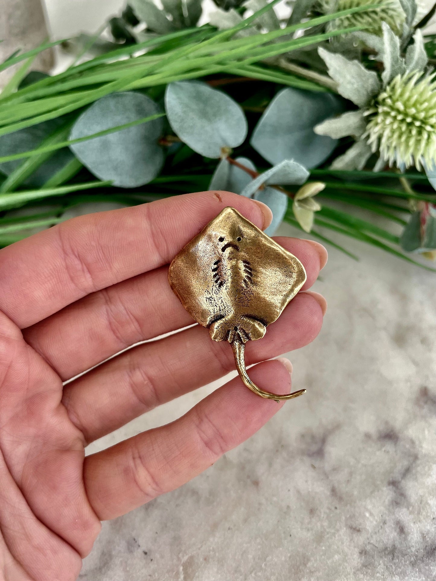Solid brass fine lifelike StingRay figurine, Sea-life ornament, Devil fish miniature, sea inspired trinket