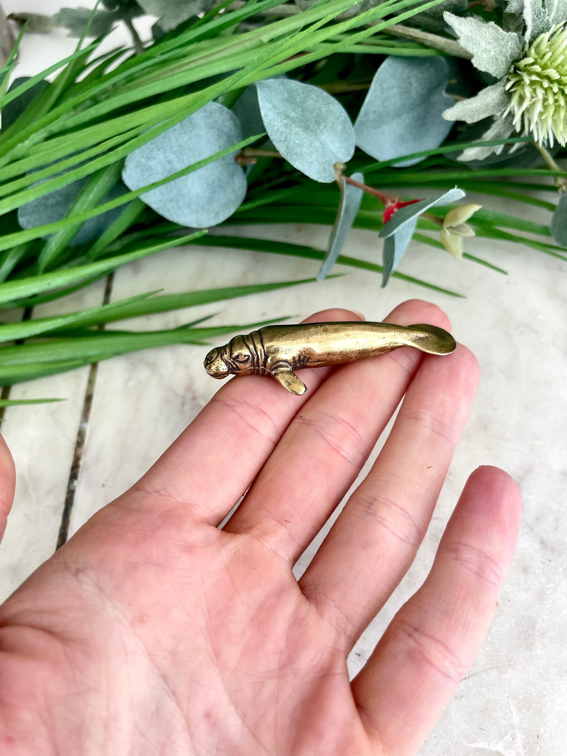 Maritime Brass Manatee Figurine, Seafaring Style, Detailed Oceanic Souvenir, Symbol of Luck for Best Friends, Petite Gift for Ocean Lovers