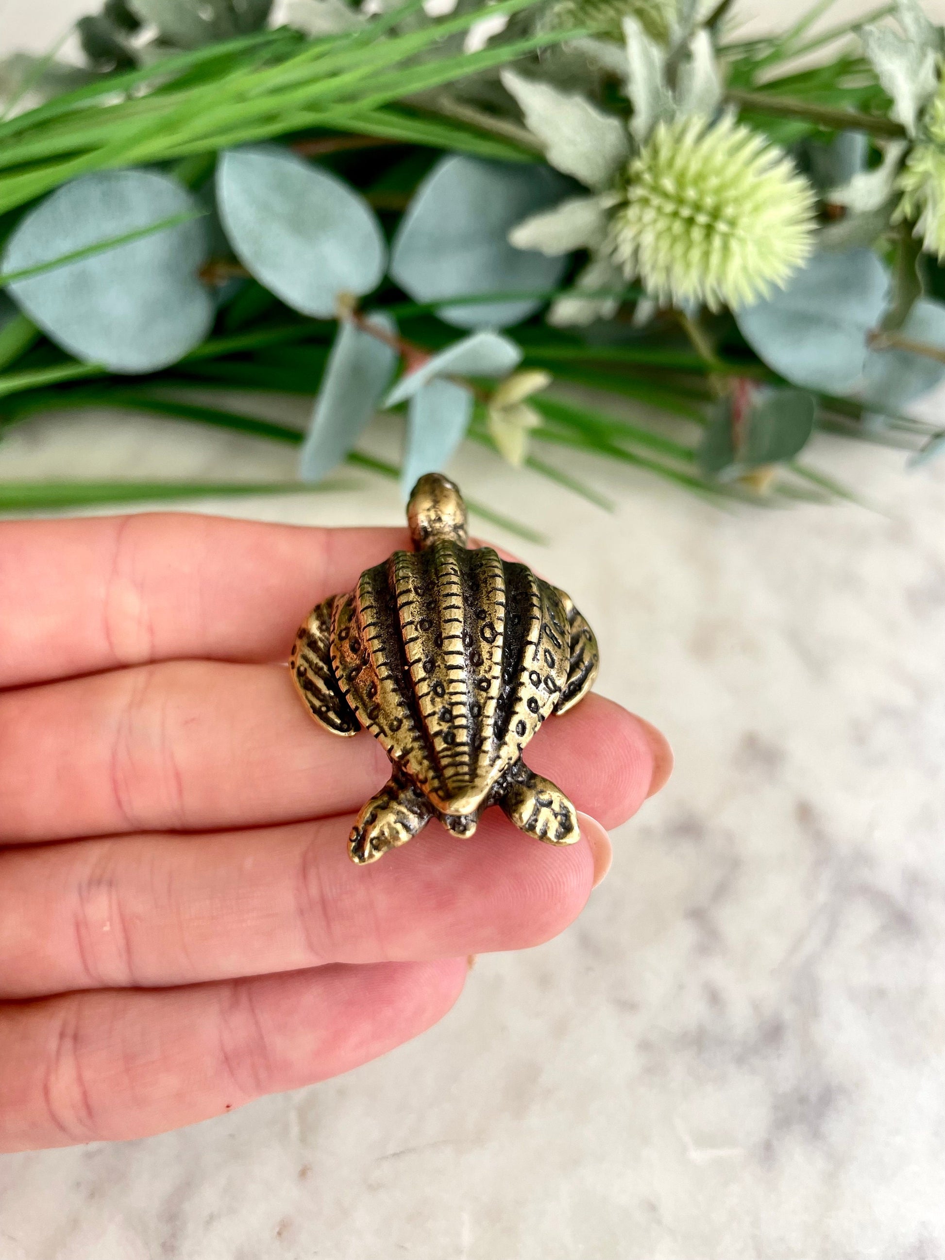 Fine lifelike turtle, Solid brass Leatherback sea turtle figurine, Sea-inspired Talisman, Small Gift, Ocean Lover's Delight
