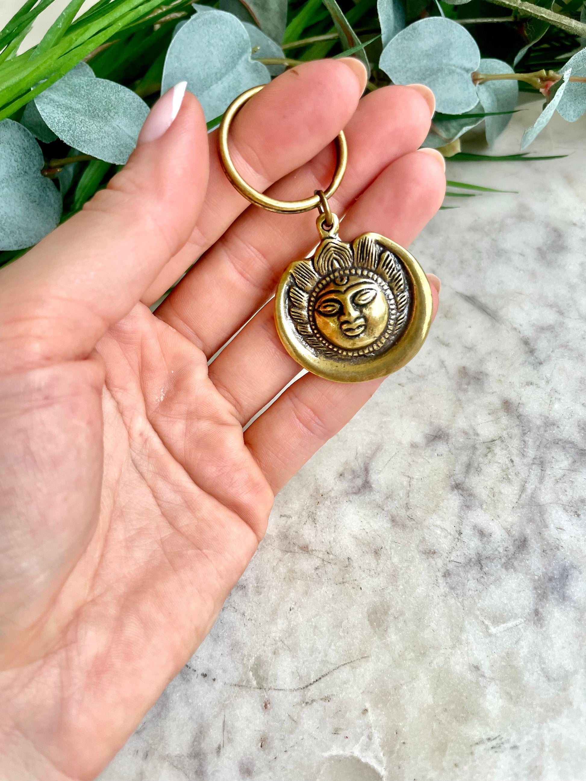 Solid brass Lotus Buddha Keychain, Sun Keyring, sun pendant, summer jewelery, nautical, brass keychain, sun lover gift