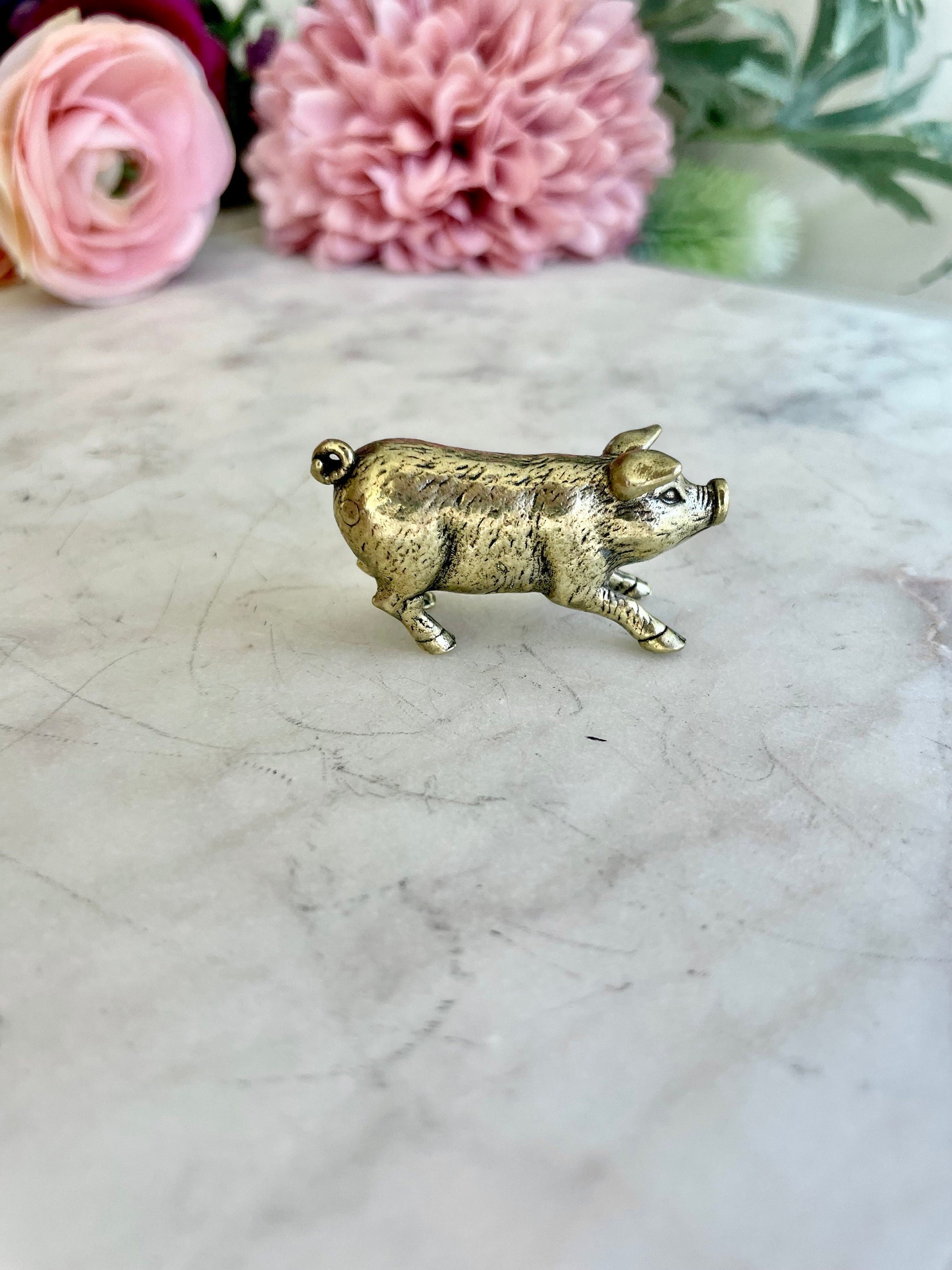 Happy little piglet fine solid brass miniature, lost wax casting, pig figurine, cute little animal sculpture