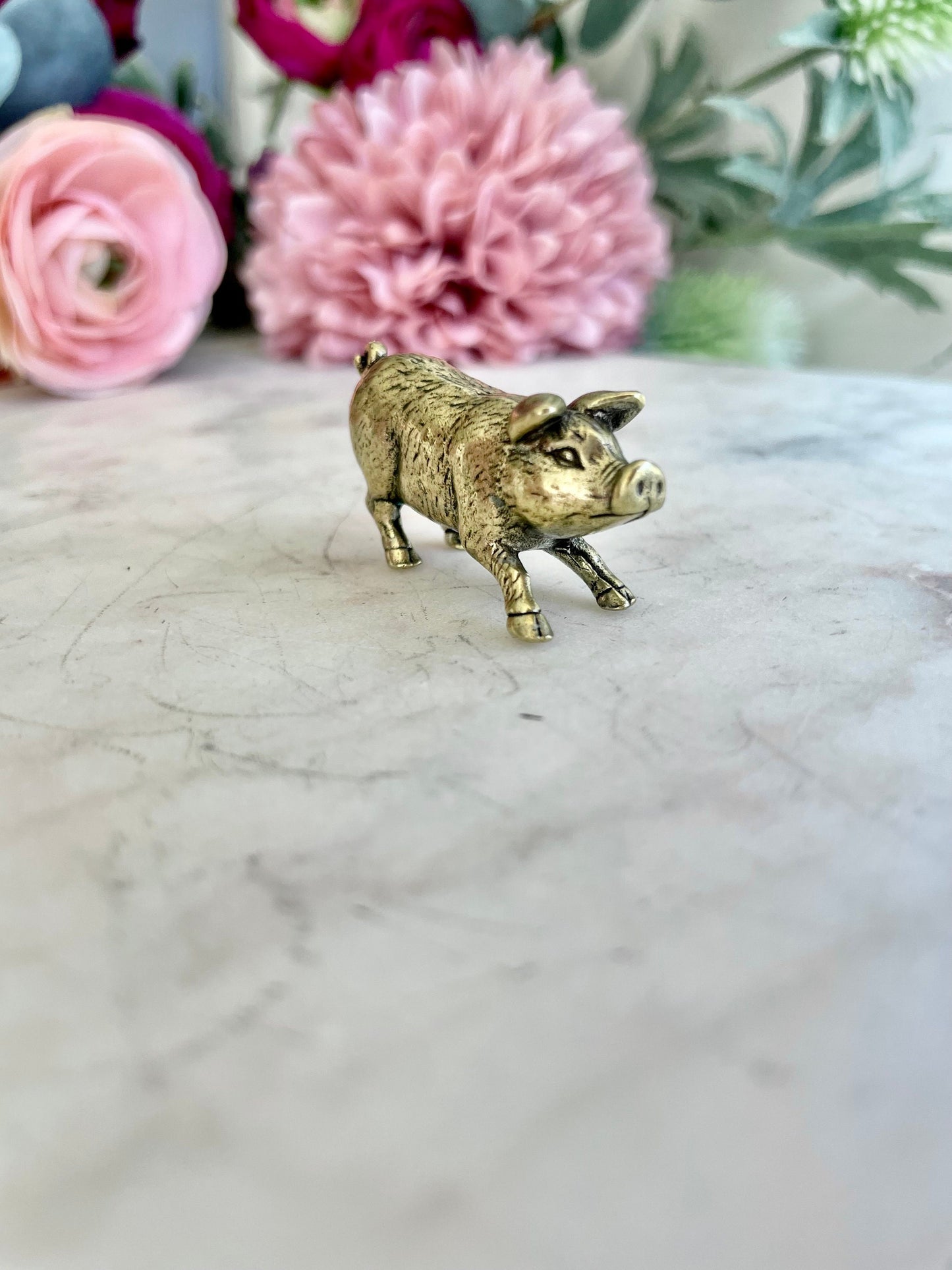 Happy little piglet fine solid brass miniature, lost wax casting, pig figurine, cute little animal sculpture