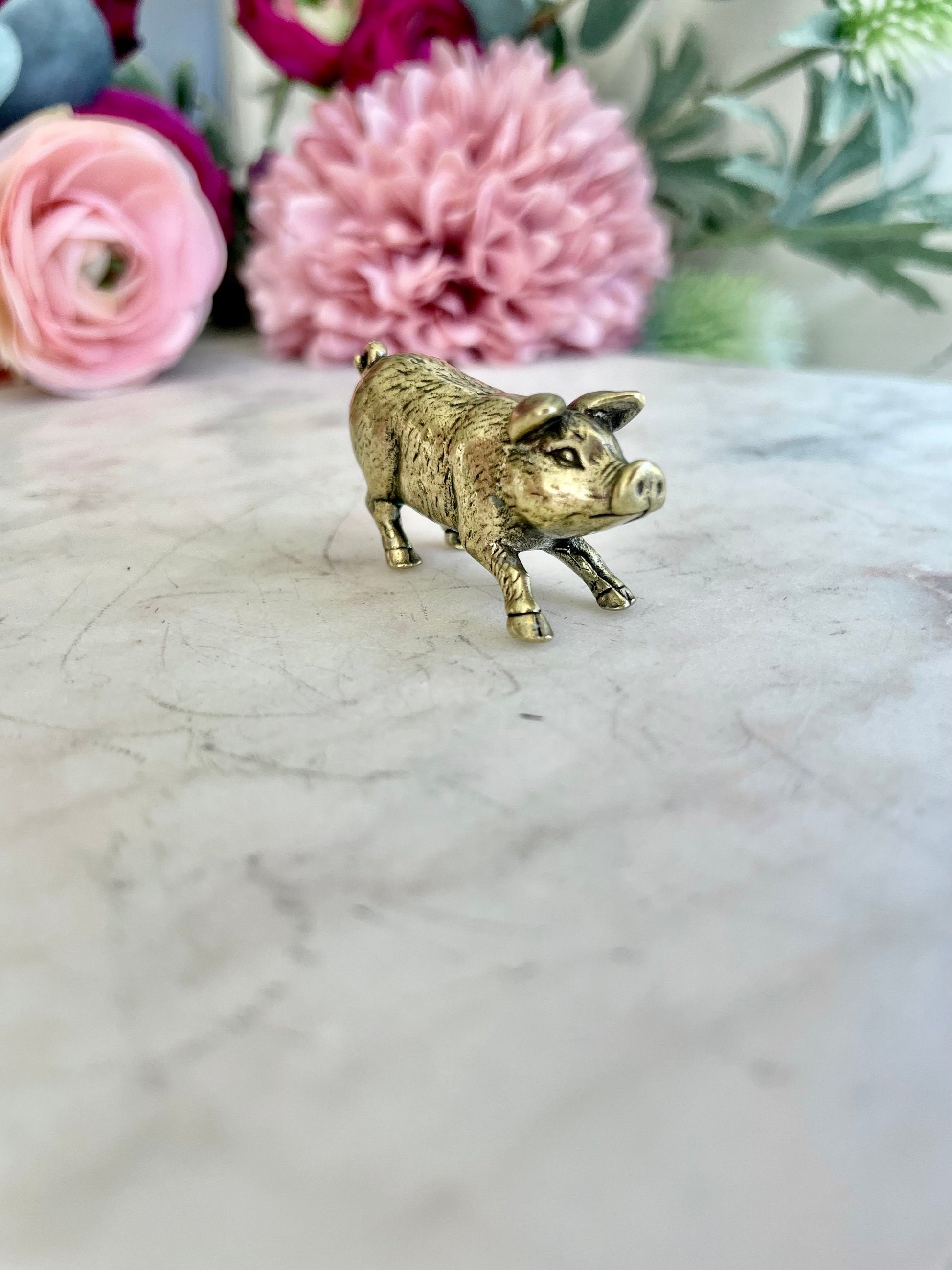 Happy little piglet fine solid brass miniature, lost wax casting, pig figurine, cute little animal sculpture