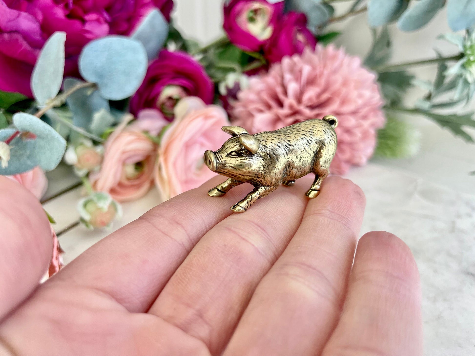 Happy little piglet fine solid brass miniature, lost wax casting, pig figurine, cute little animal sculpture