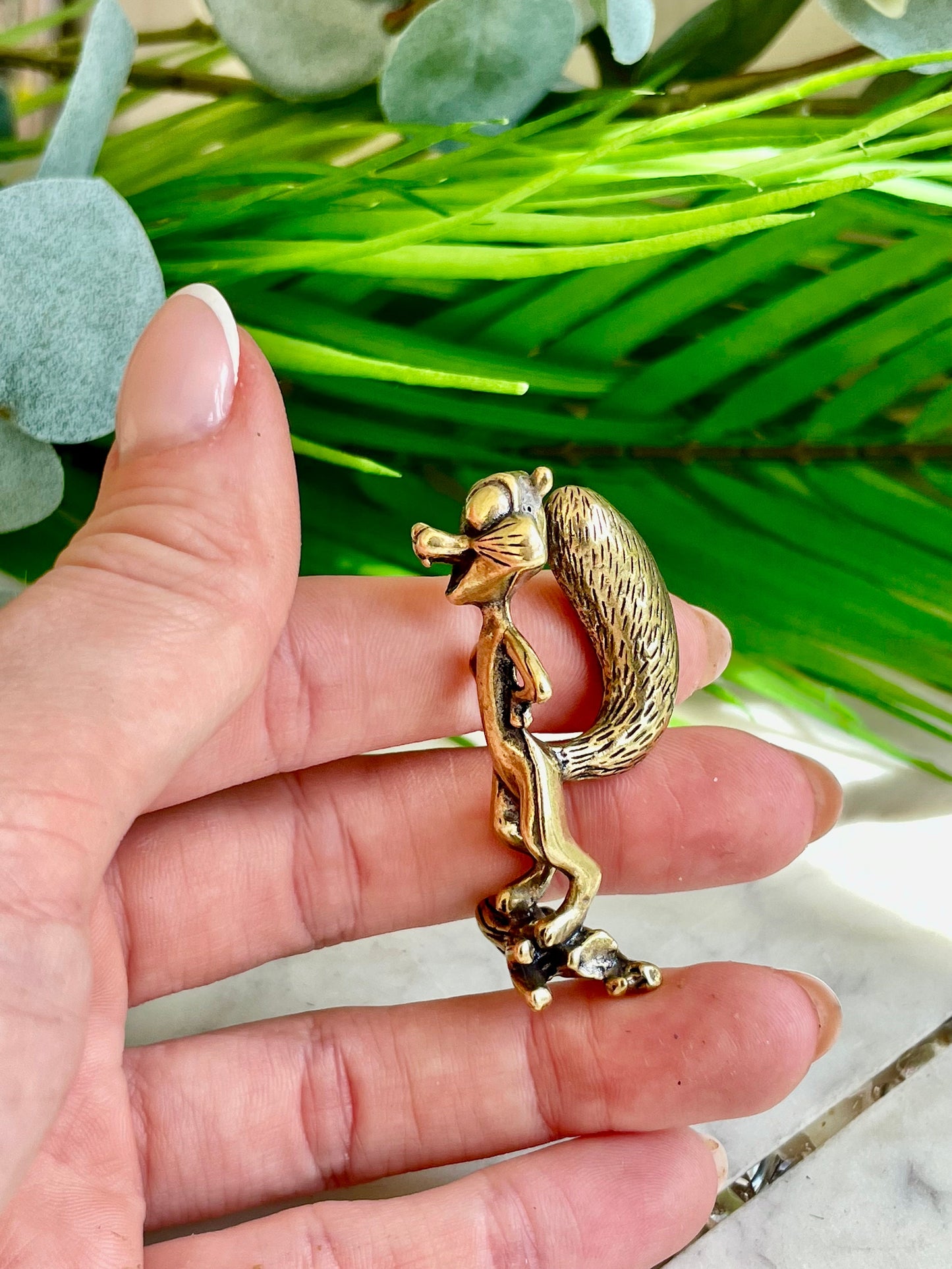 Funny little squirrel metal figurine, Funny squirrel solid brass ornament, cute chipmunk desktop decor