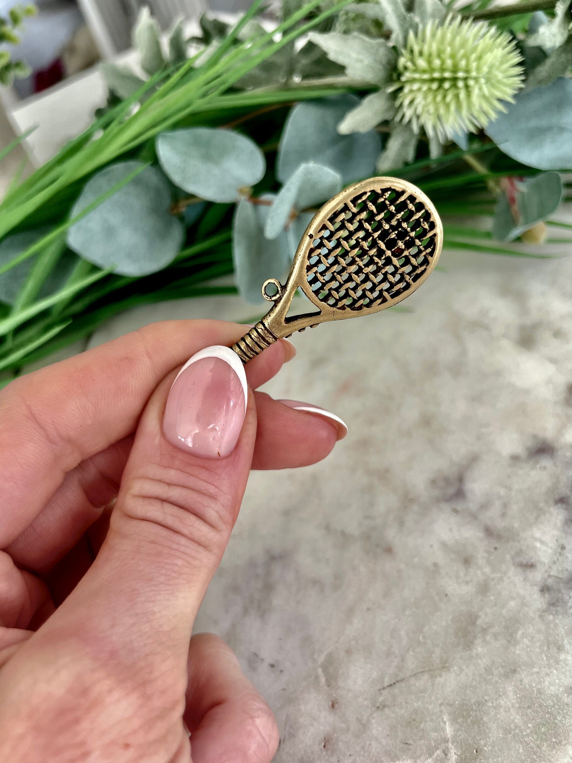 Solid brass Tennis Racquet Charm, little gift for tennis players, mini golden tennis racket keychain