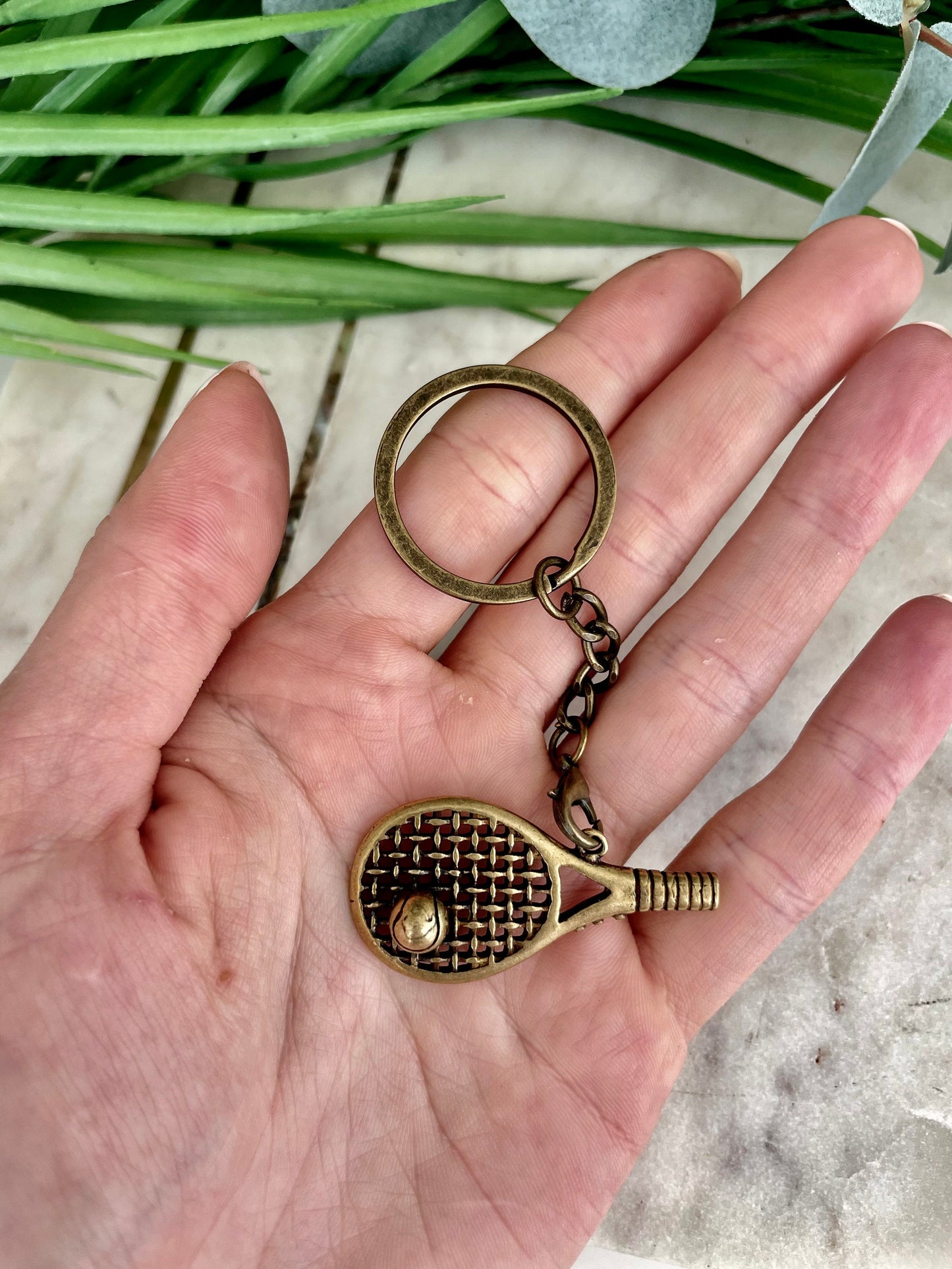 Solid brass Tennis Racquet Charm, little gift for tennis players, mini golden tennis racket keychain