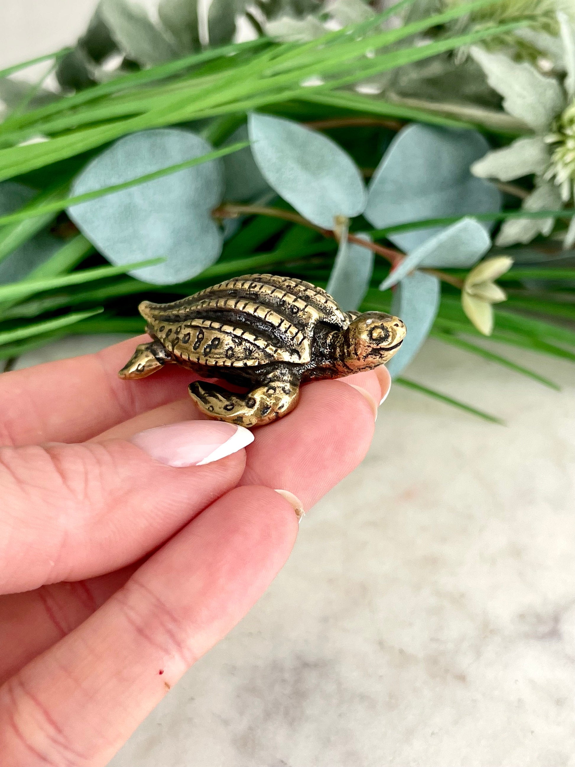Fine lifelike turtle, Solid brass Leatherback sea turtle figurine, Sea-inspired Talisman, Small Gift, Ocean Lover's Delight